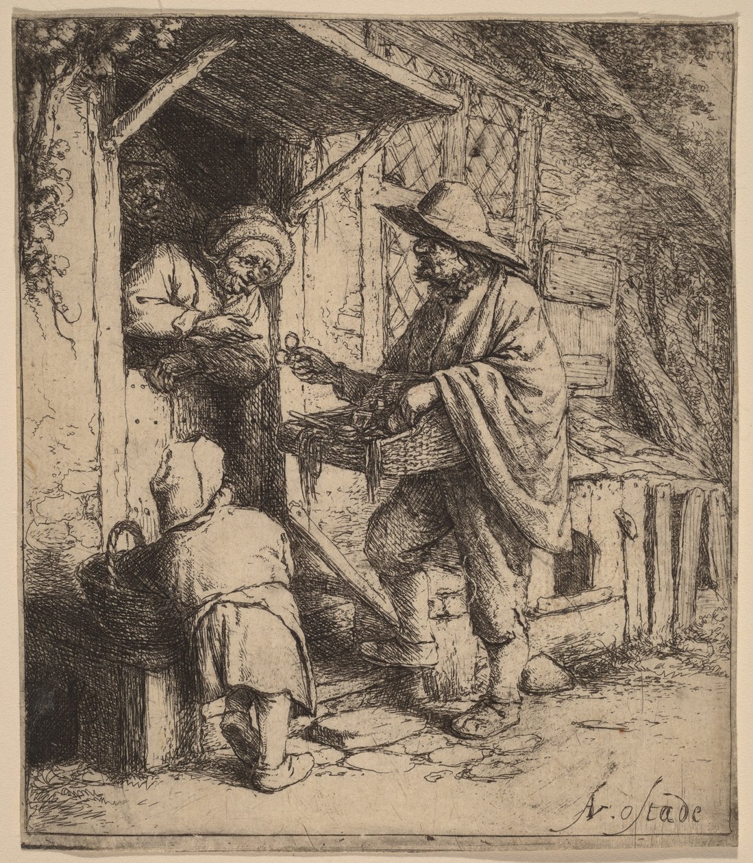 Vendedor ambulante a vender óculos à porta de Adriaen van Ostade