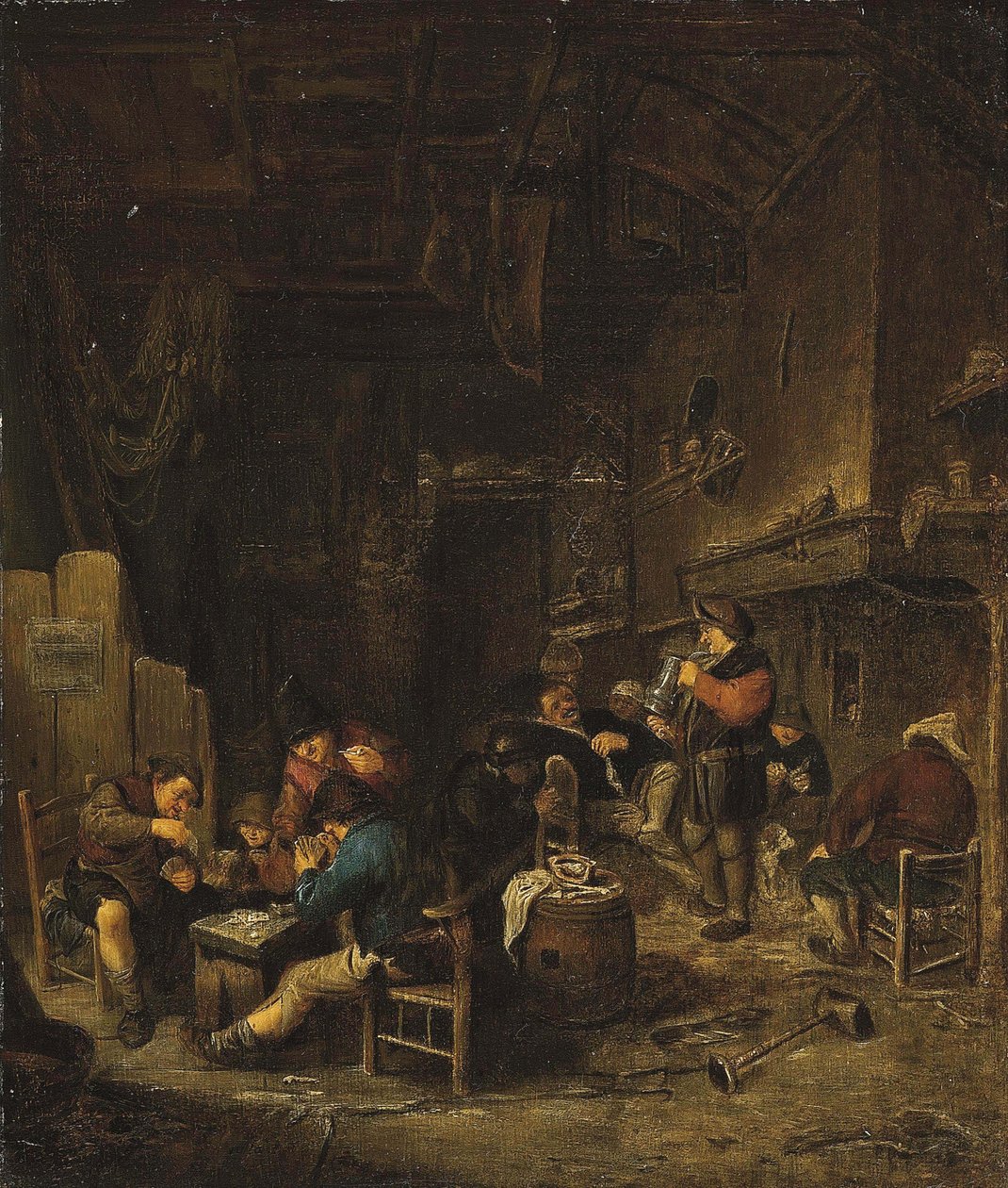 Interior de uma taberna com camponeses a jogar às cartas, a fumar e a beber de Adriaen van Ostade