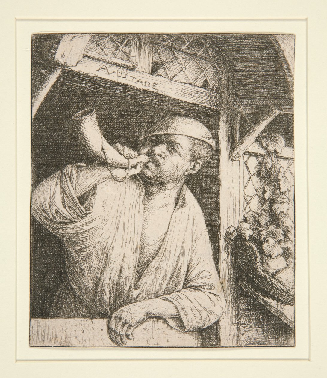 O padeiro a tocar a sua trompa de Adriaen van Ostade