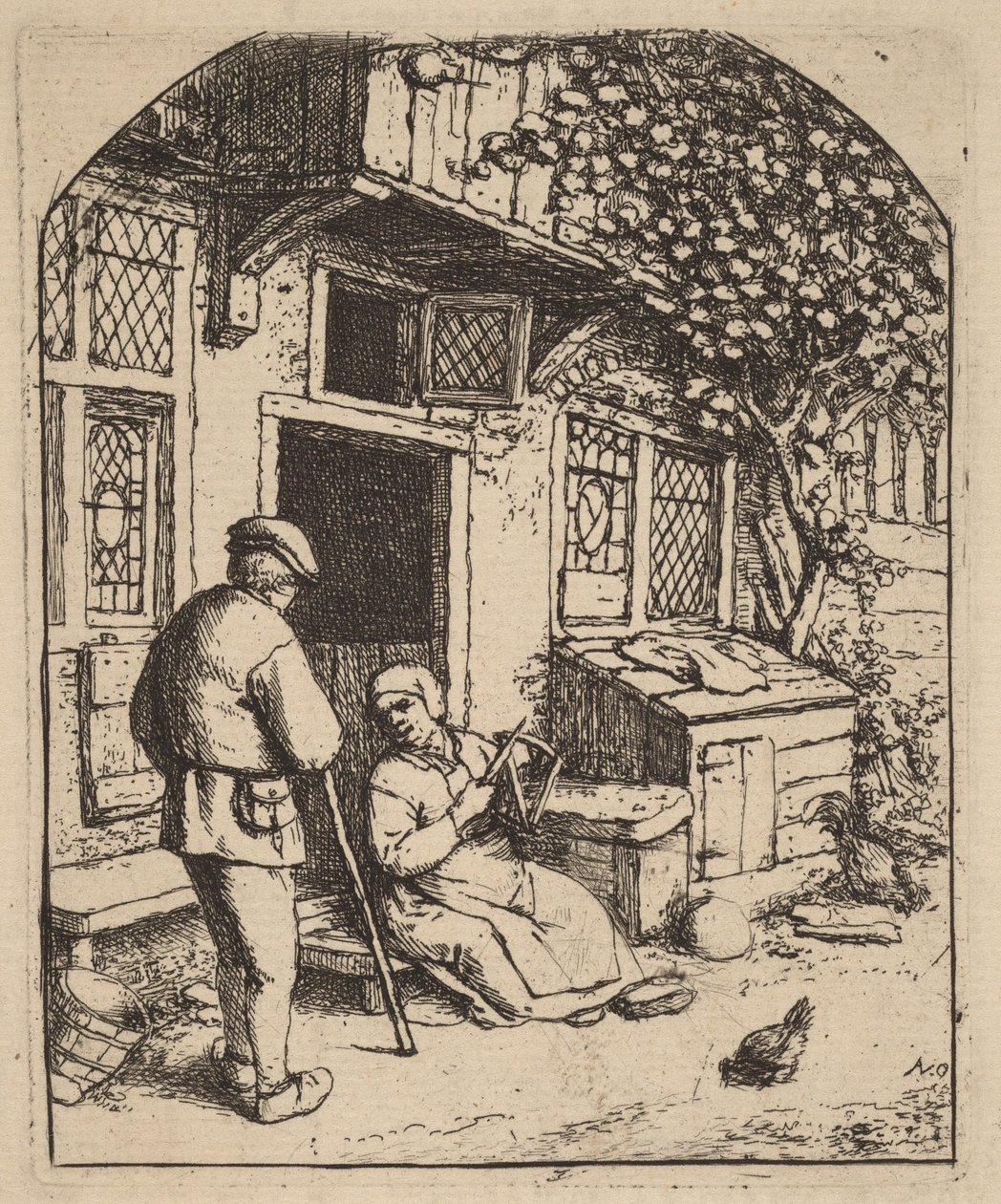 Dois camponeses diante de uma casa, a mulher enrola lã de Adriaen van Ostade