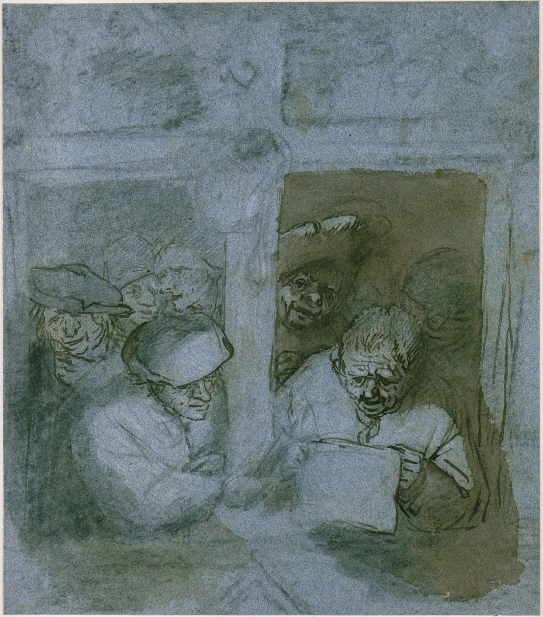 Cantor a ler à primeira vista e pessoas junto a uma janela numa igreja, cena nocturna de Adriaen van Ostade