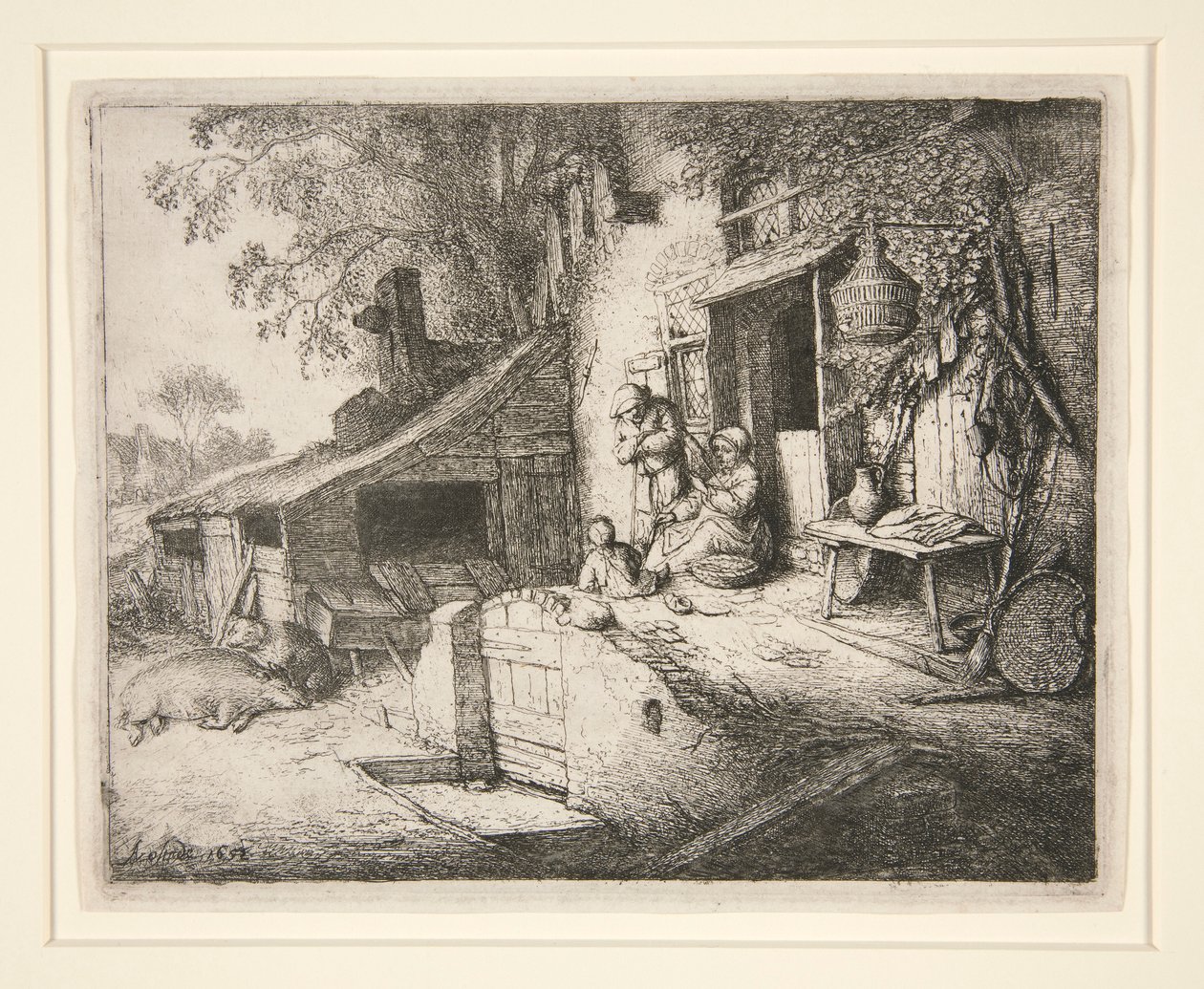 Mulher girando em uma porta de casa de campo de Adriaen van Ostade