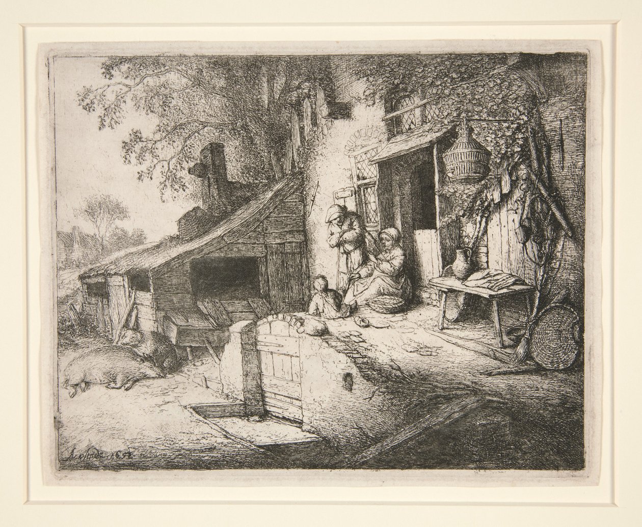 Mulher a fiar à porta de uma casa de campo de Adriaen van Ostade