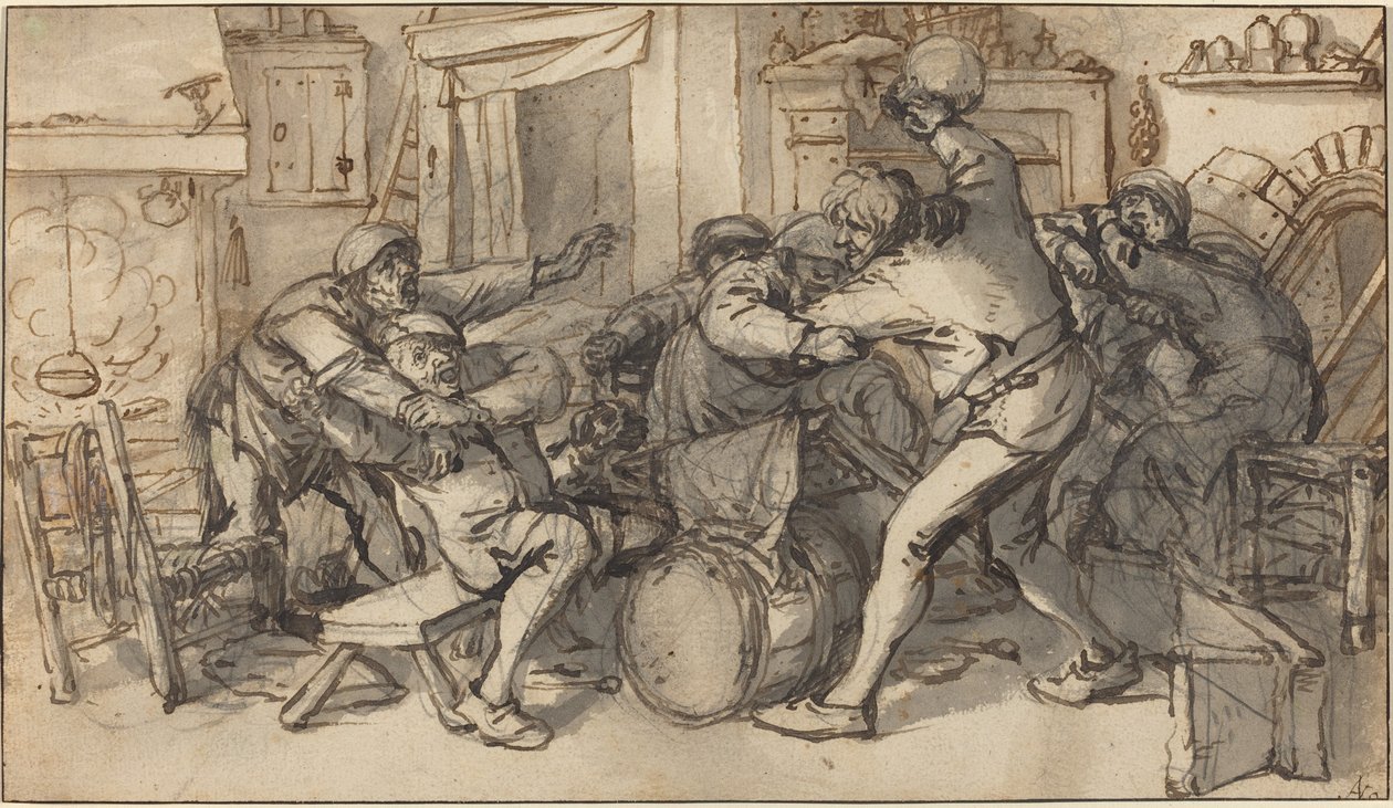Camponeses brigando em uma taverna de Adriaen van Ostade and Cornelis Dusart