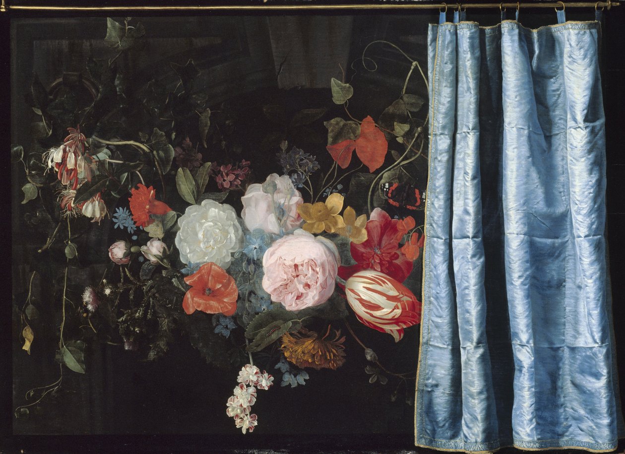 Trompe-l "Oeil ainda vida com uma guirlanda de flores e uma cortina, 1658 de Adriaen van Spelt