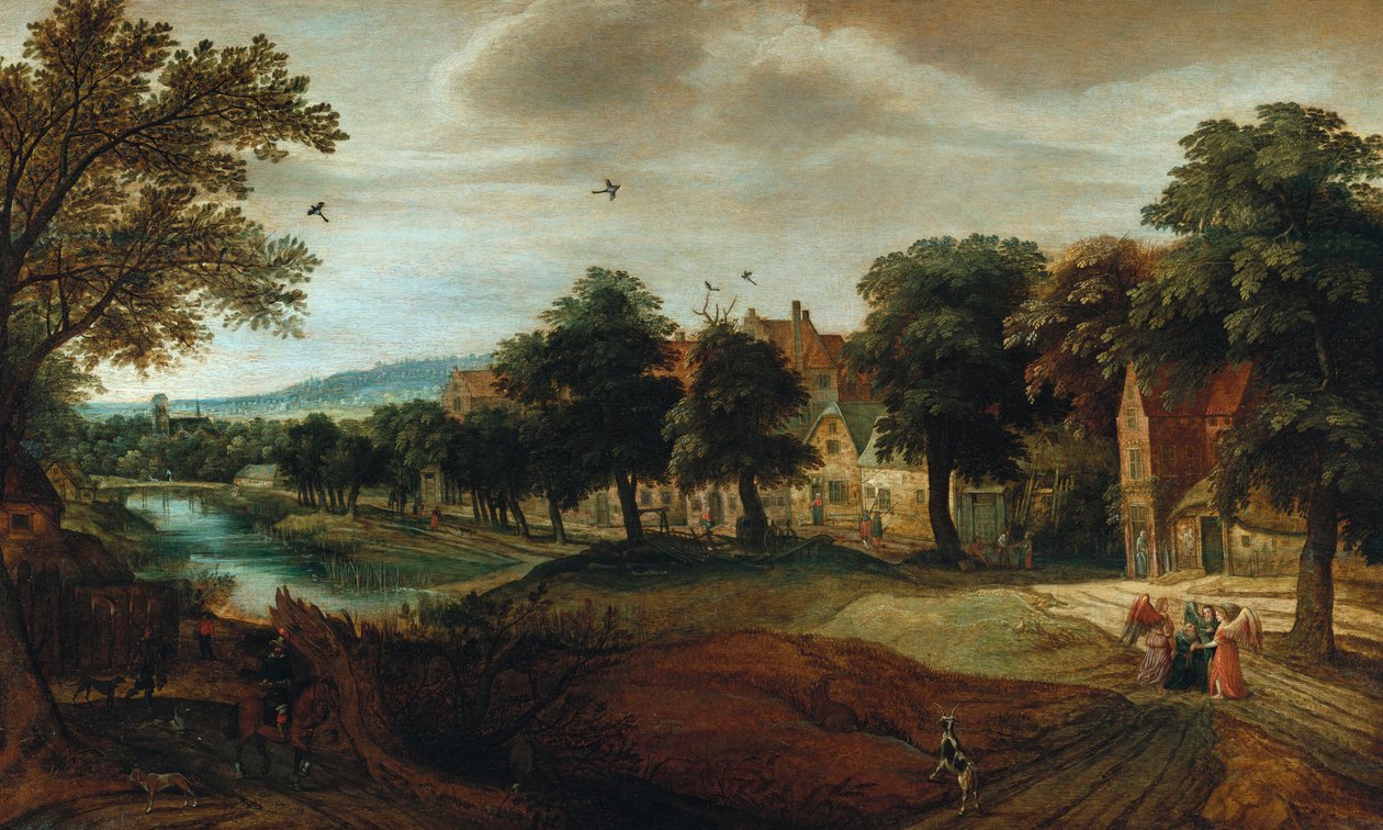 Uma paisagem de rio arborizado com edifícios da vila e Abraão e os Três Anjos de Adriaen van Stalbemt