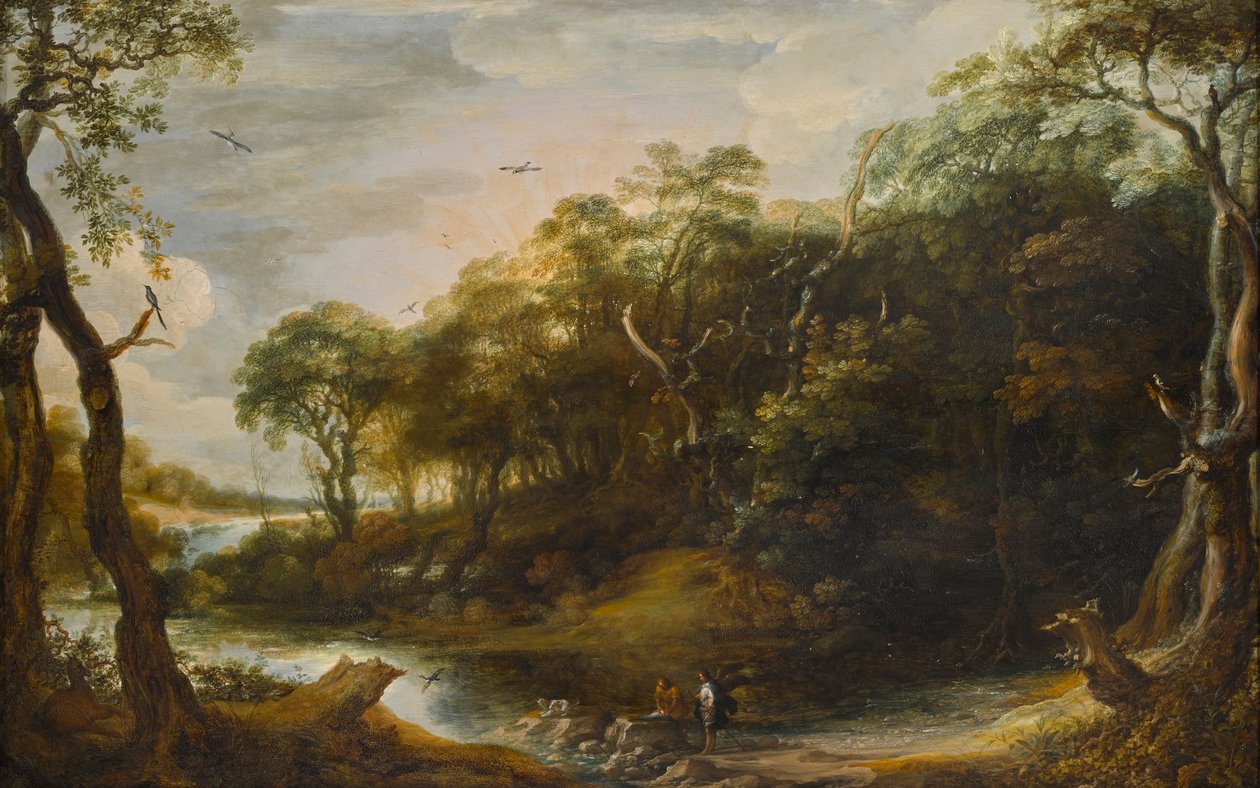 Paisagem com o anjo Rafael e Tobais que está a abrir o peixe (Tobit 6,1-5) de Adriaen van Stalbemt