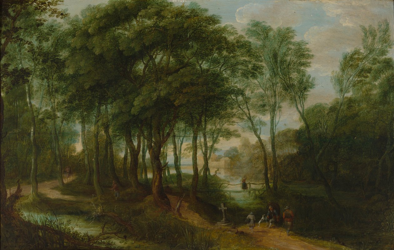 Caminhantes numa vegetação rasteira, arquitetura ao fundo de Adriaen van Stalbemt