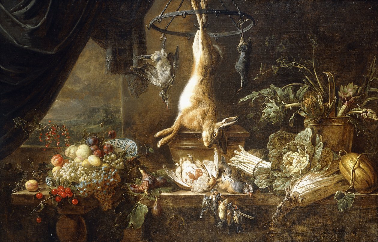 Uma lebre e um snipe pendurados em um anel de jogo, frutas em uma tigela Wanli Kraak Porselein, figos, perdizes e tentilhões mortos, aspargos, repolho, erva-doce e alcachofra em uma panela de cobre em uma borda por um caixão drapeado, 1650 de Adriaen van Utrecht