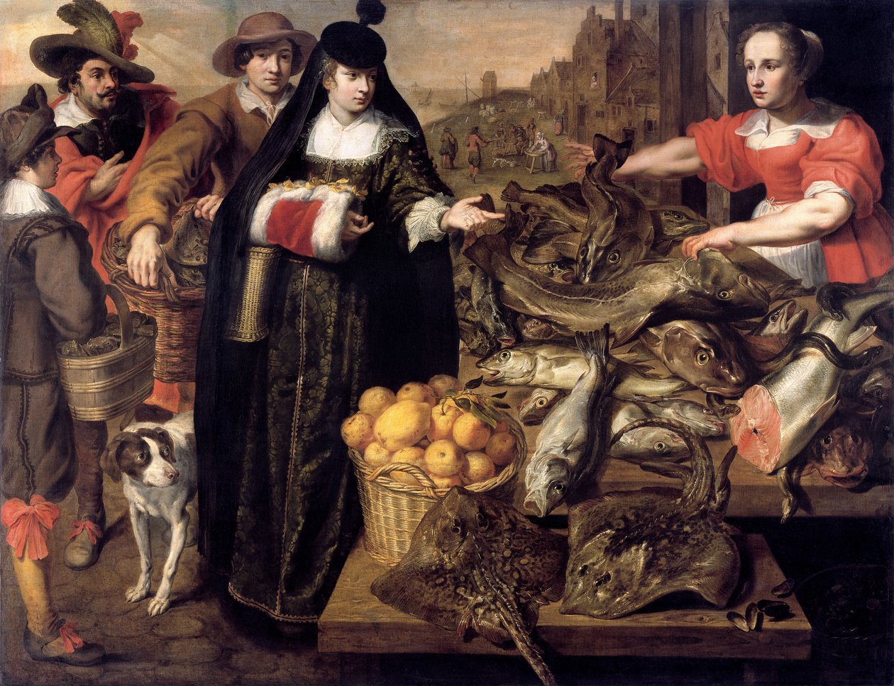 Uma senhora no mercado de peixe em Antuérpia, 1630-1640. de Adriaen van Utrecht