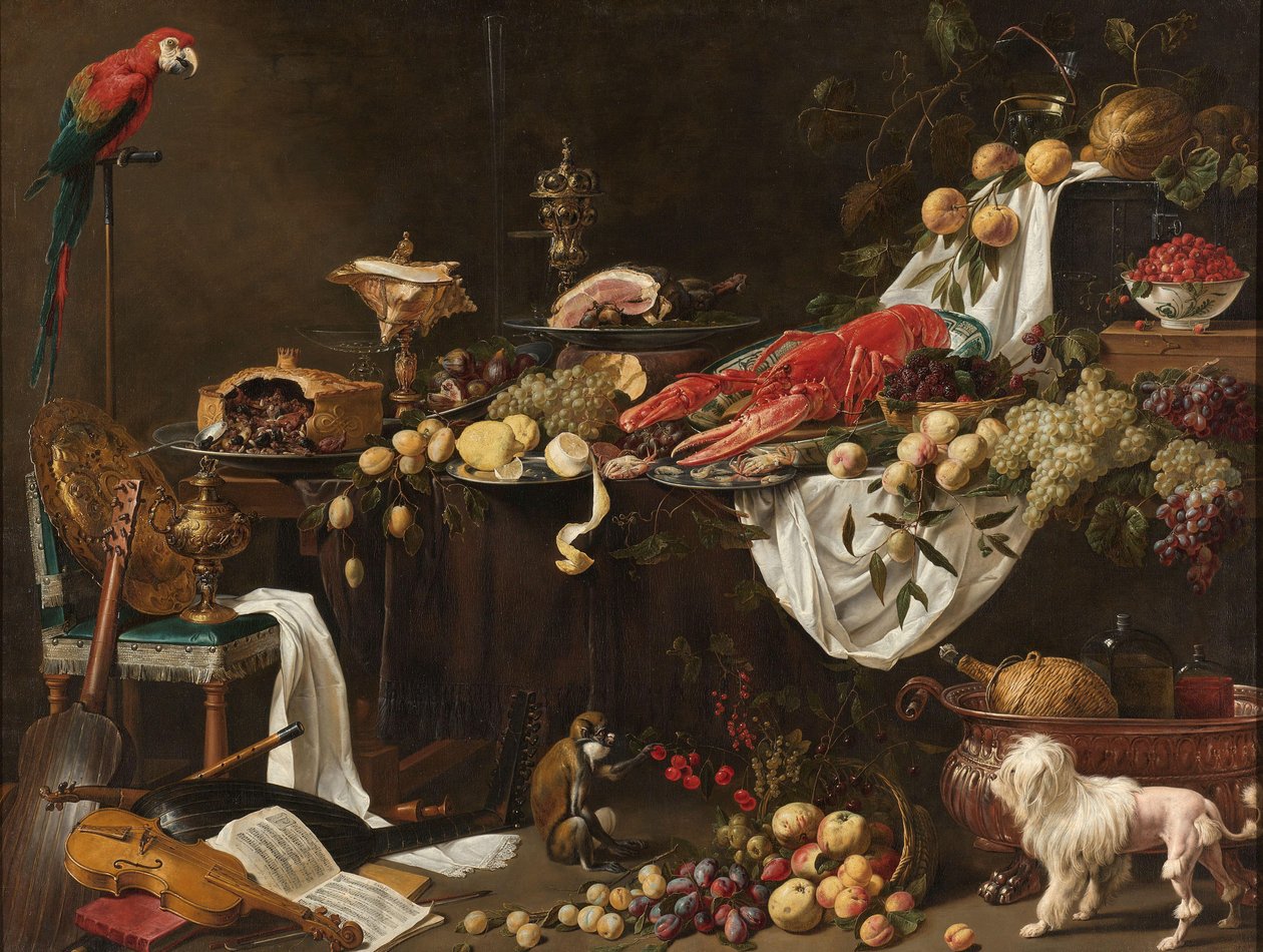 Banquete Natureza Morta
Pronk Natureza Morta com um Papagaio, Cão e Macaco de Adriaen van Utrecht