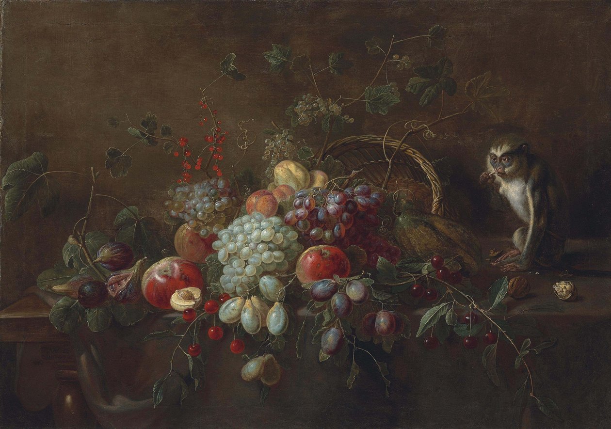 Uvas, maçãs, ameixas, figos e outras frutas sobre uma mesa de madeira parcialmente coberta, um macaco a comer nozes junto a um cesto de tecido virado para cima de Adriaen van Utrecht