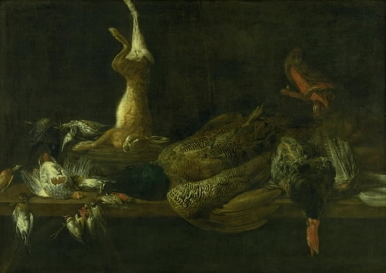 Natureza morta com jogo em uma mesa de Adriaen van Utrecht