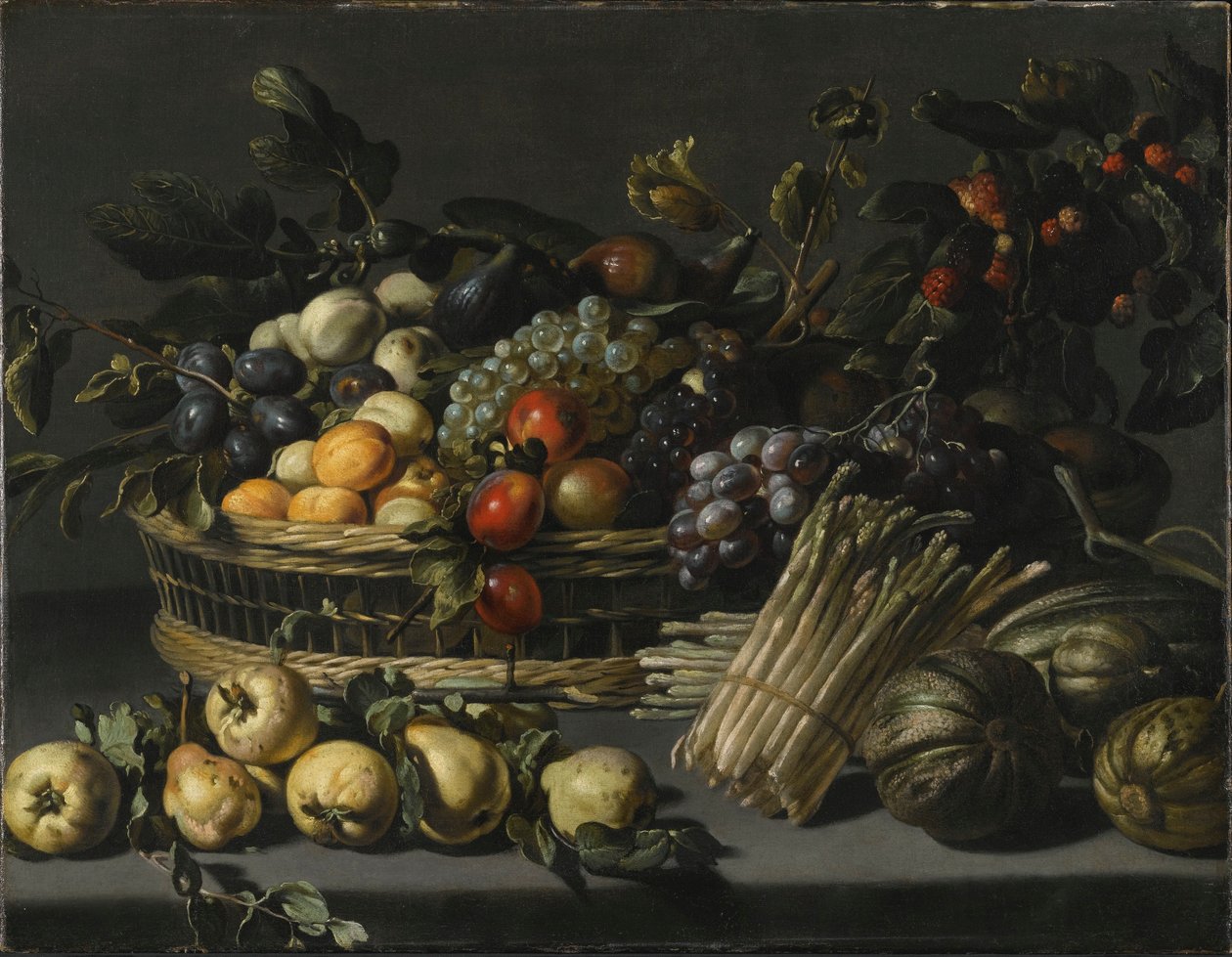 Natureza-morta com fruta empilhada num cesto, rodeada de marmelos, melões e espargos num parapeito de Adriaen van Utrecht