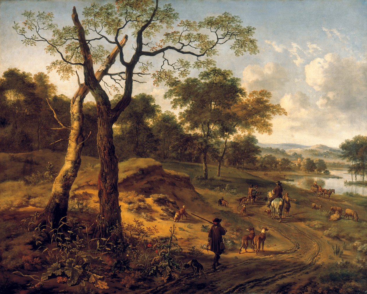 Paisagem de noite arborizada com um caçador e cães de Adriaen van de Velda