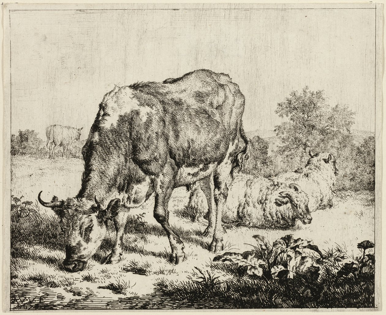 Uma vaca e três ovelhas de Adriaen van de Velde