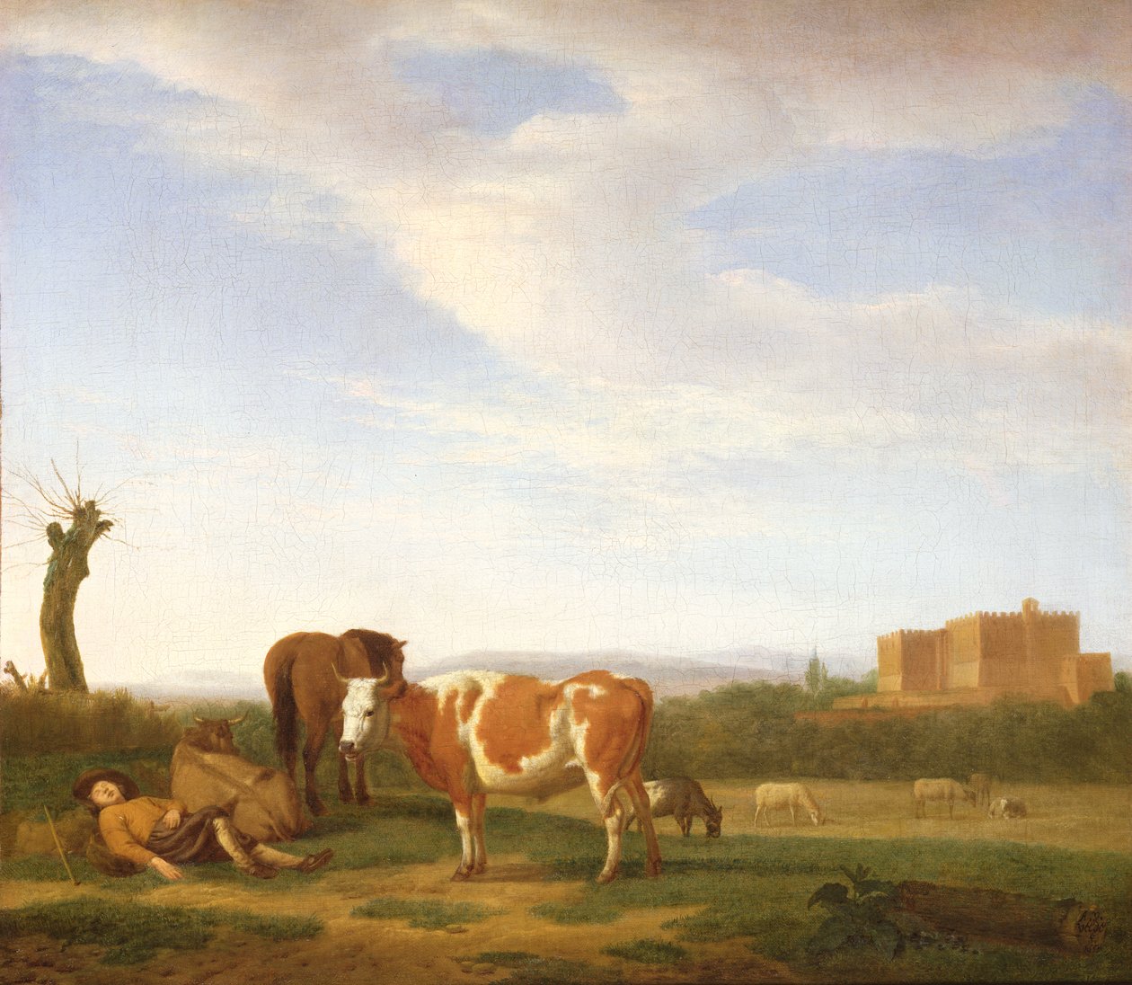 Uma paisagem pastoral com um pastor adormecido, século XVII de Adriaen van de Velde