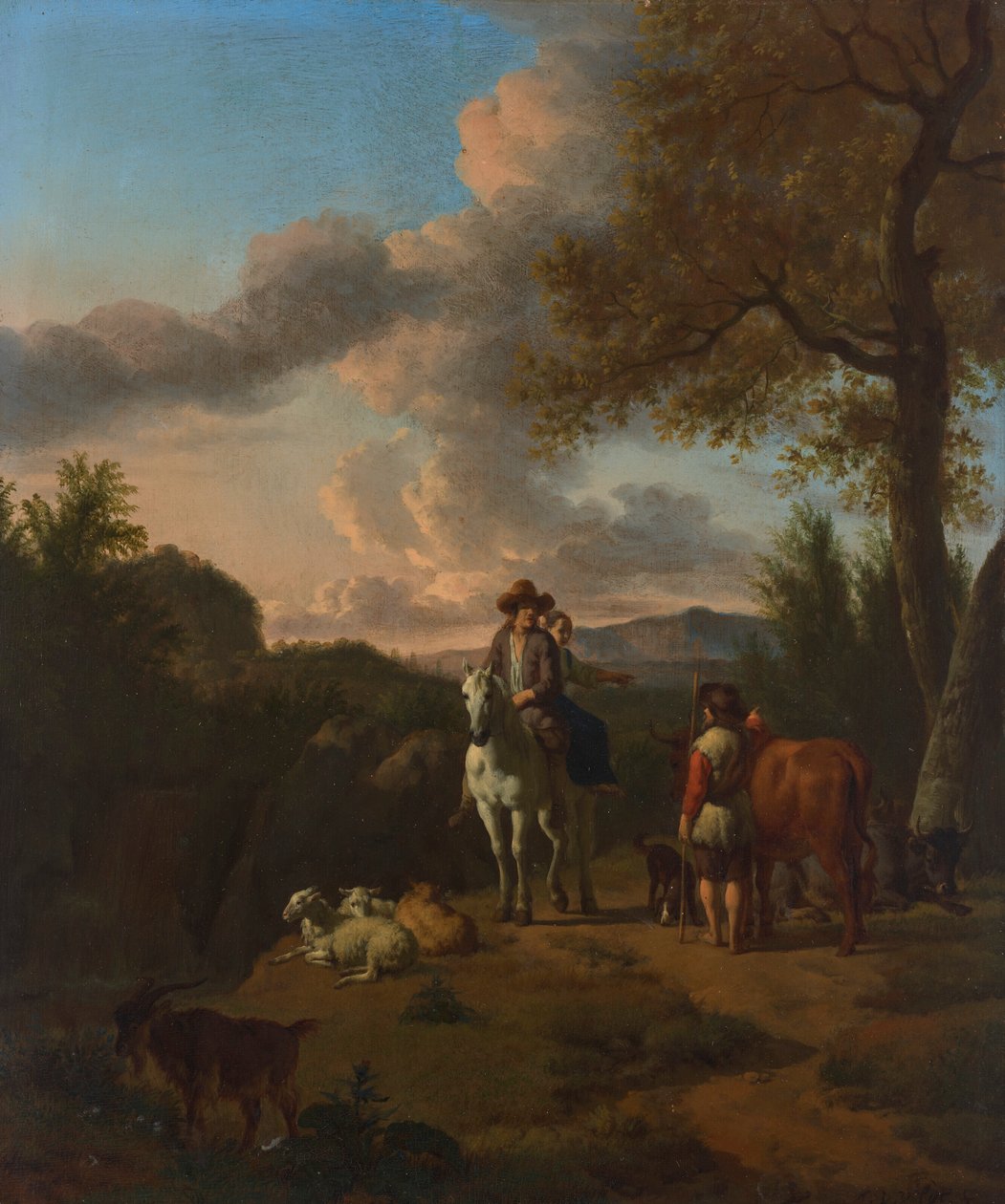 Uma paisagem italiana com um homem e uma mulher montados num cavalo branco, a pedir indicações a um pastor de Adriaen van de Velde