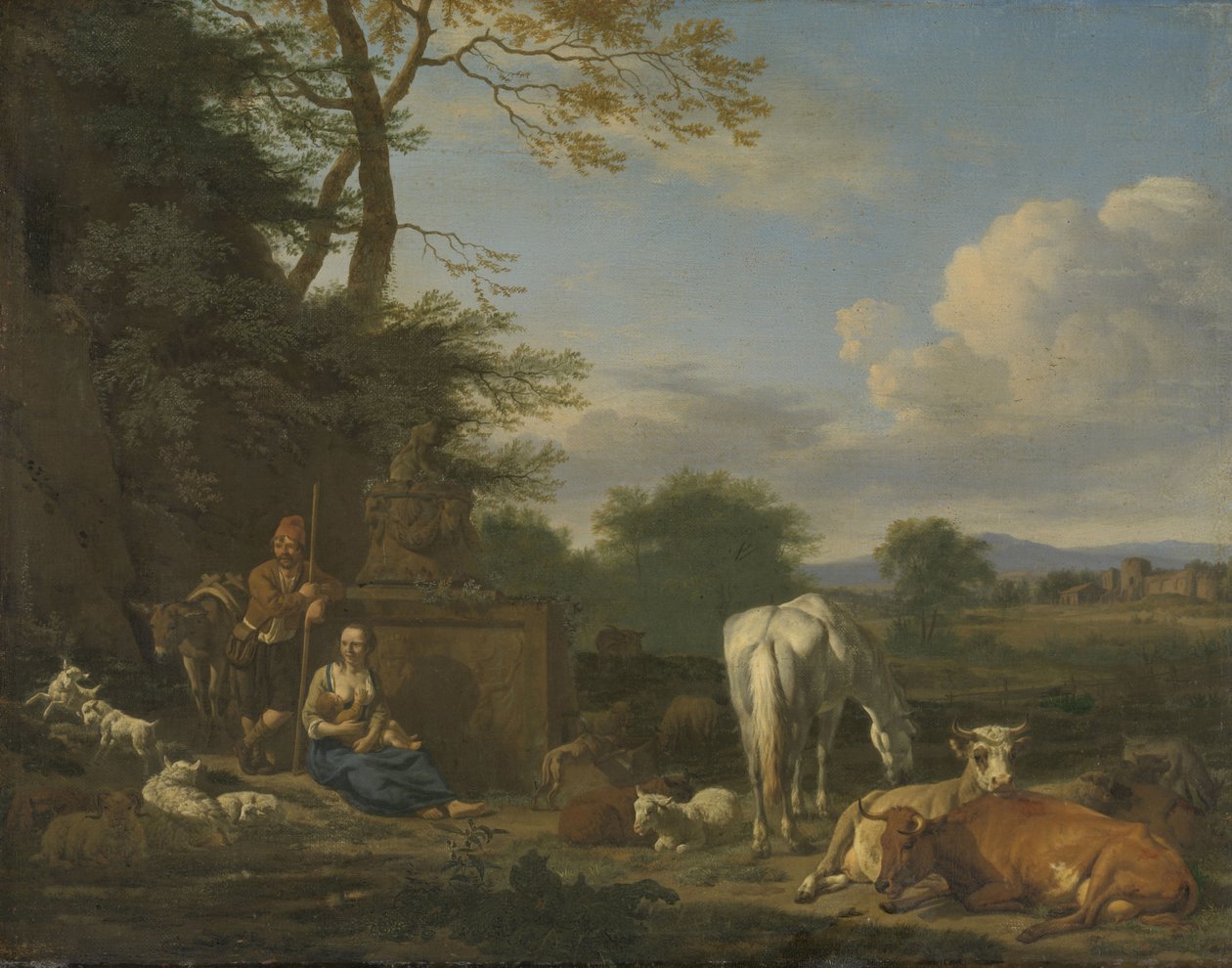 Paisagem árcade com descansando pastores e animais, 1664 (óleo sobre tela no painel) de Adriaen van de Velde