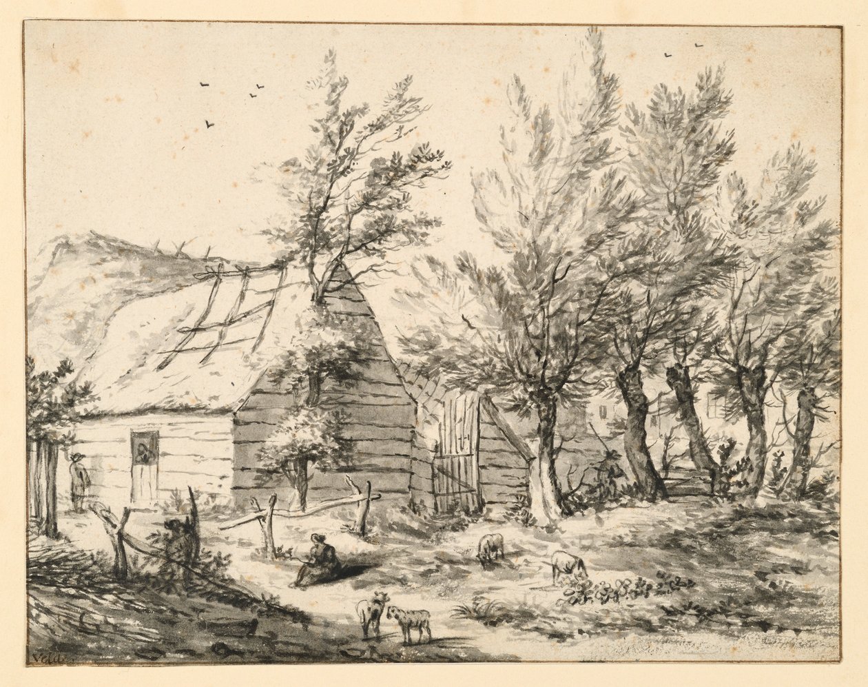 Quinta atrás de uma fila de salgueiros podados de Adriaen van de Velde
