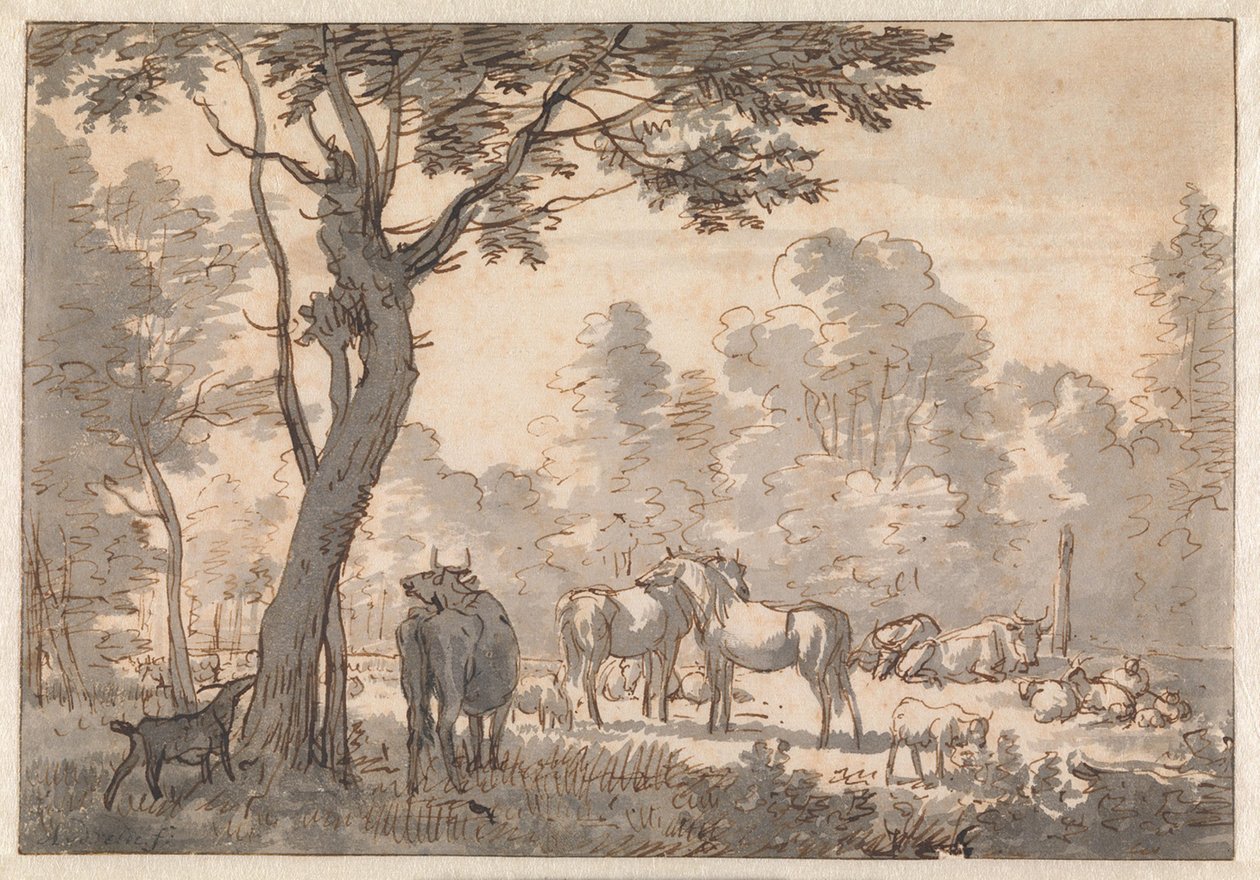 Paisagem arborizada com cavalos, vacas e cabras de Adriaen van de Velde