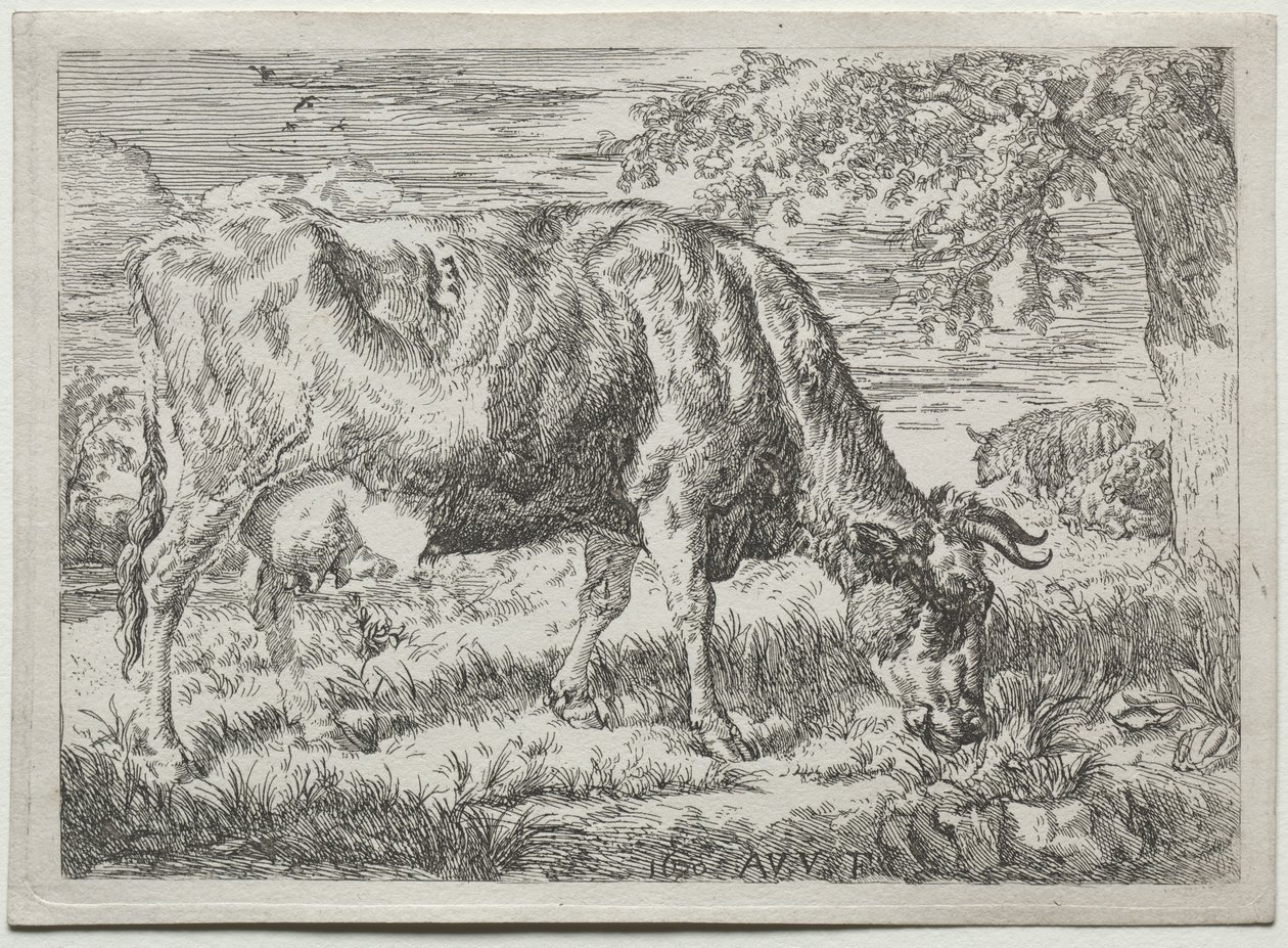 Vaca e duas ovelhas ao pé de uma árvore de Adriaen van de Velde