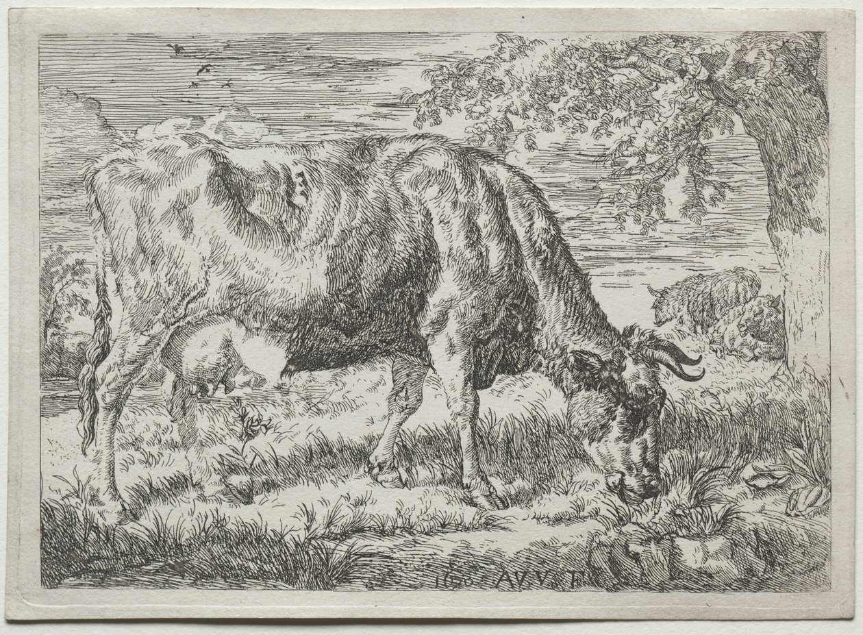 Vaca e duas ovelhas ao pé de uma árvore, 1670. de Adriaen van de Velde