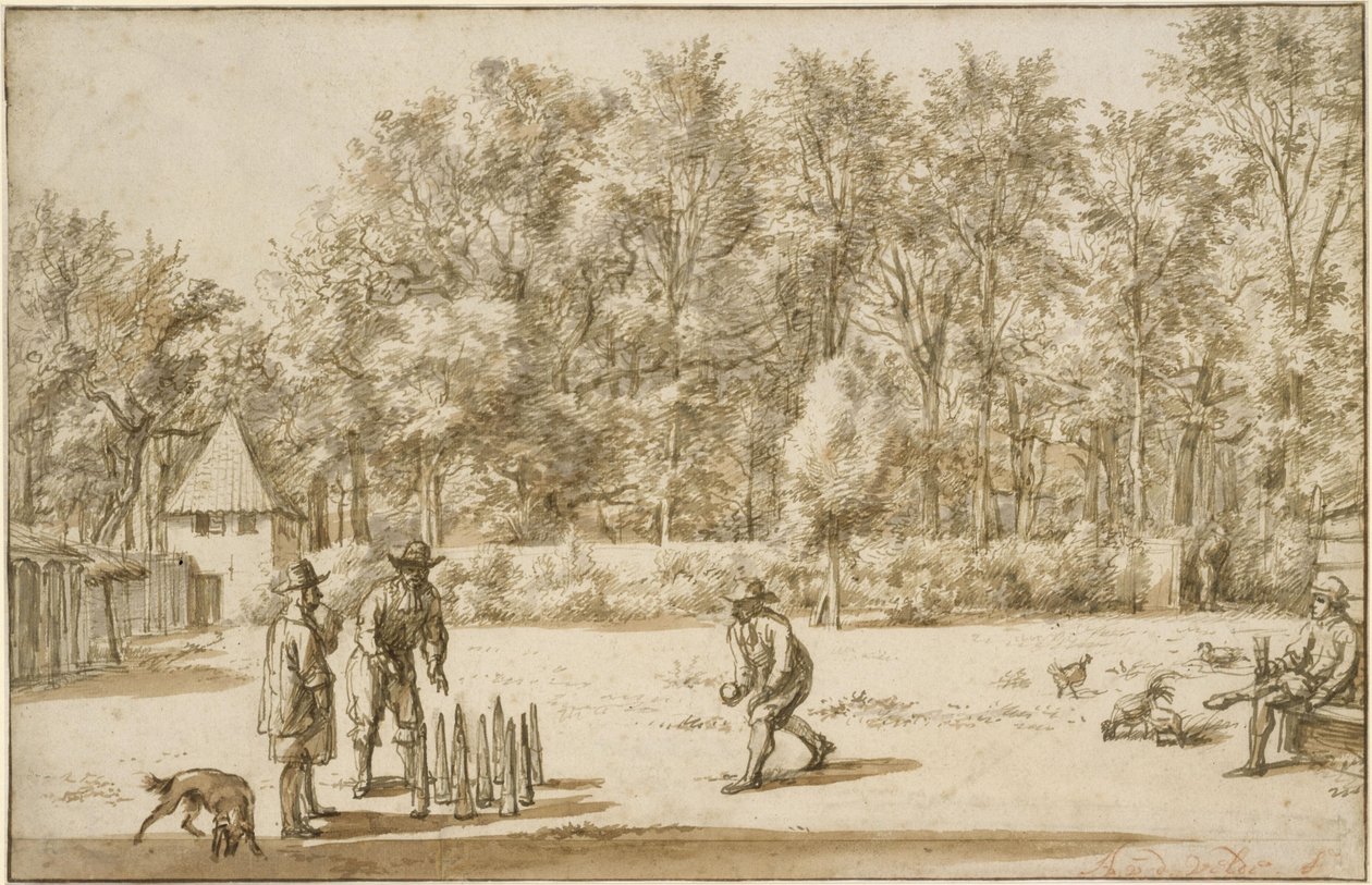 Três homens a jogar ao bowling de pinos de Adriaen van de Velde