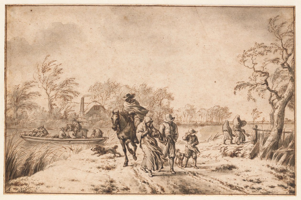 Paisagem de outono com viajantes e ferry de Adriaen van de Velde
