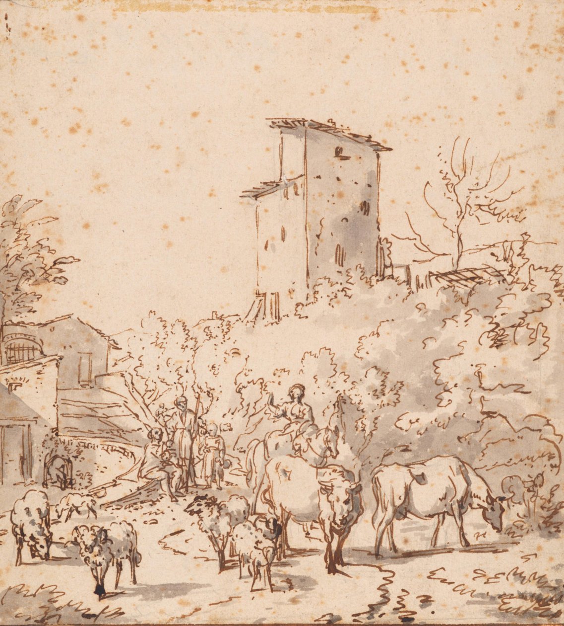 Paisagem italiana com pessoas e gado de Adriaen van de Velde