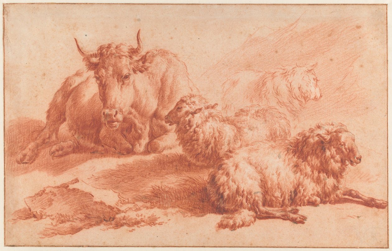 Vaca deitada e três ovelhas de Adriaen van de Velde