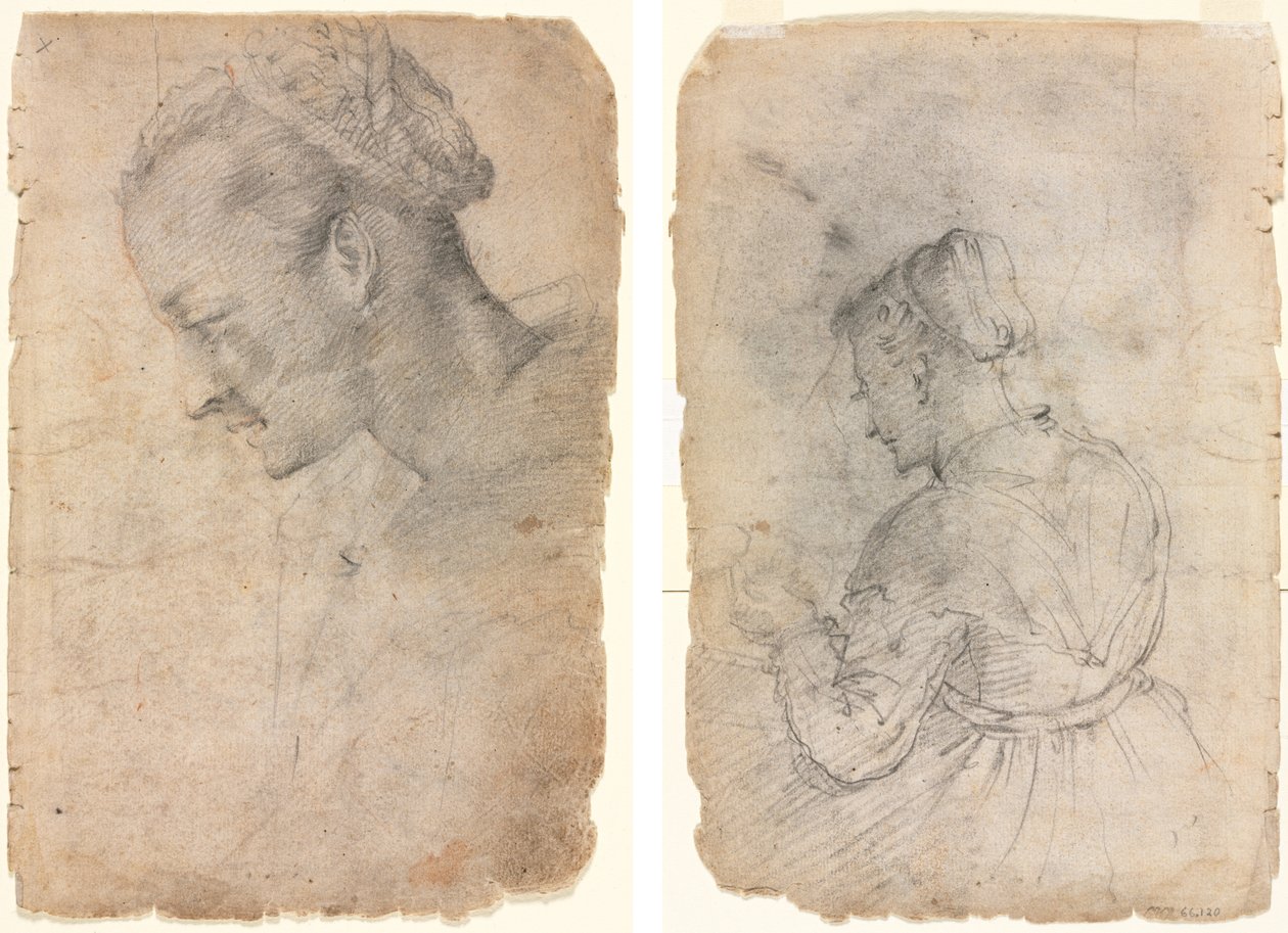 Perfil da cabeça de uma mulher (reto) Uma empregada de cozinha (verso) de Adriaen van de Velde