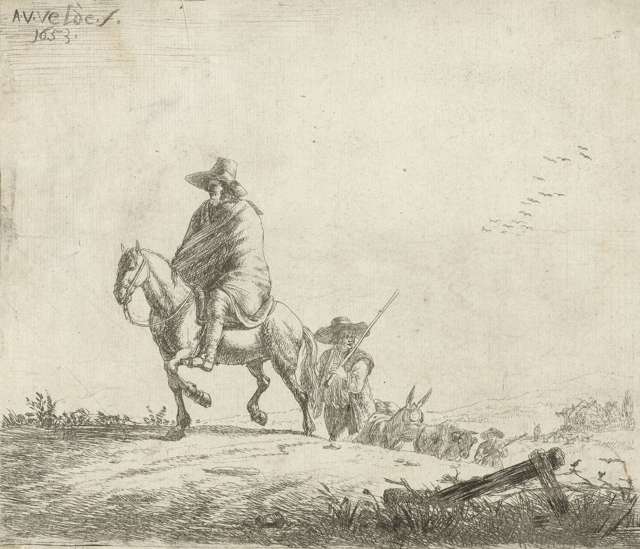 Cavaleiro e pastor com gado em uma estrada de terra, 1653 de Adriaen van de Velde