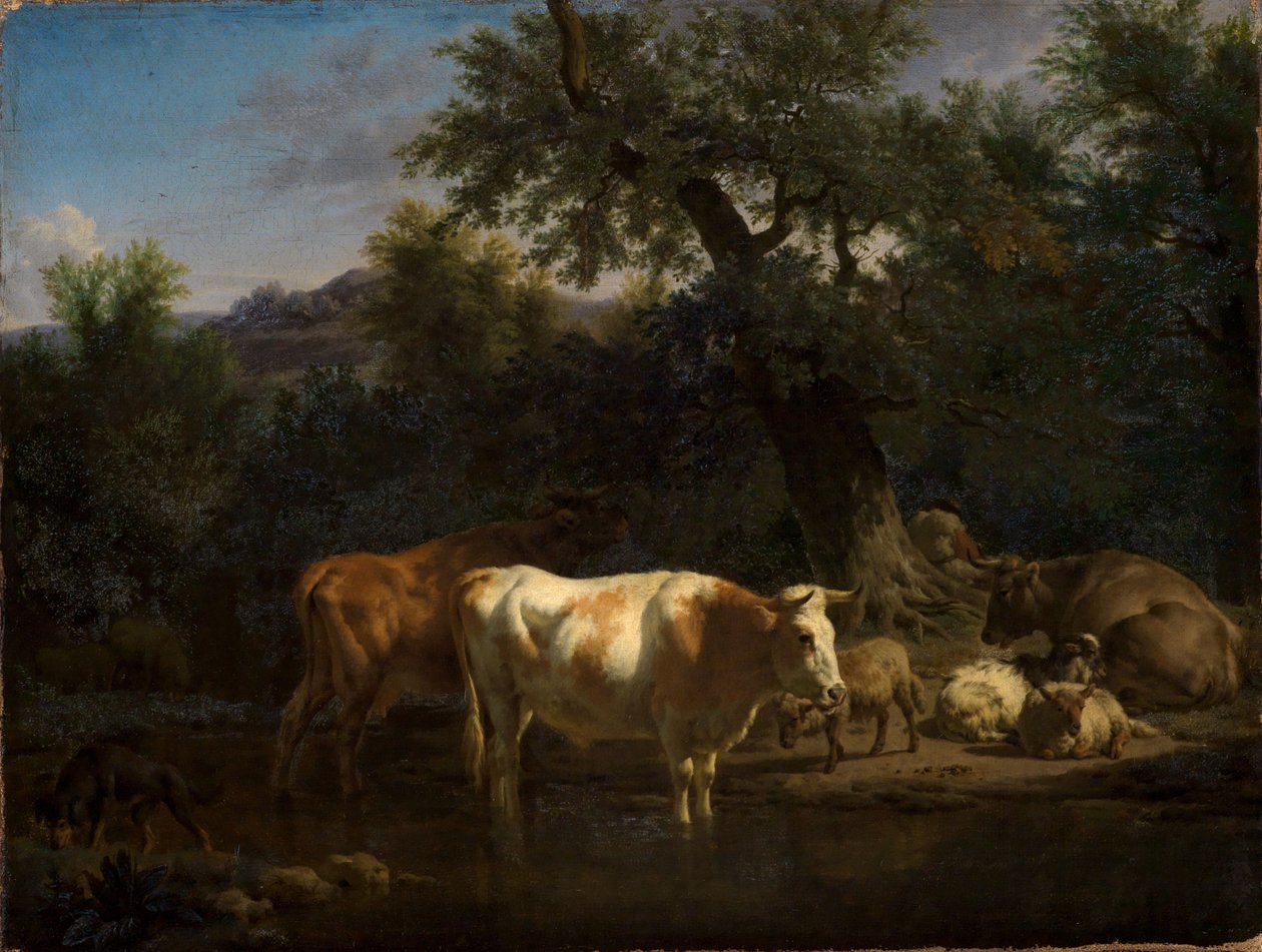 Gado bovino e ovino junto ao ribeiro da floresta de Adriaen van de Velde