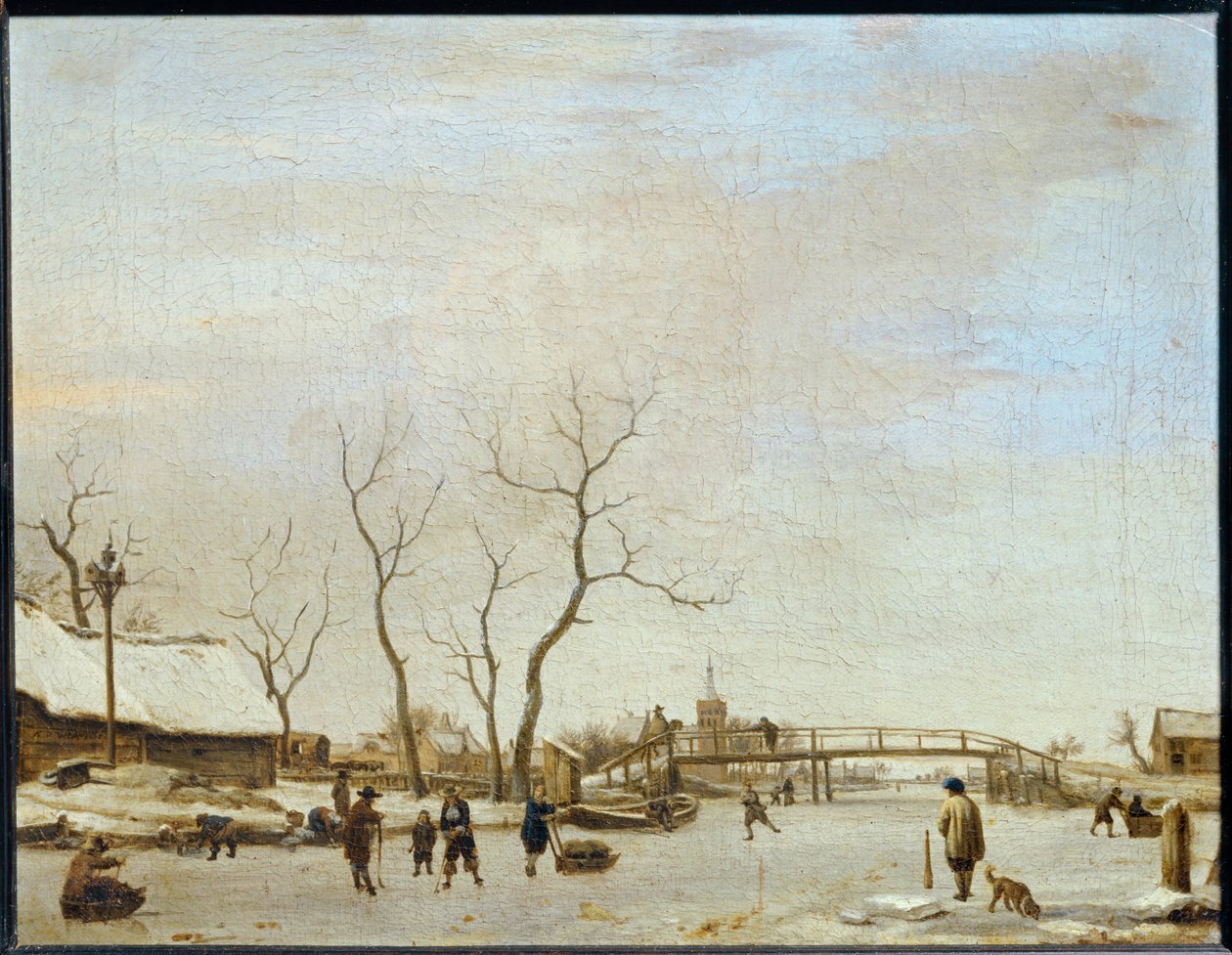 Riviere gele com patinadores e jogadores de soluços ... de Adriaen van de Velde