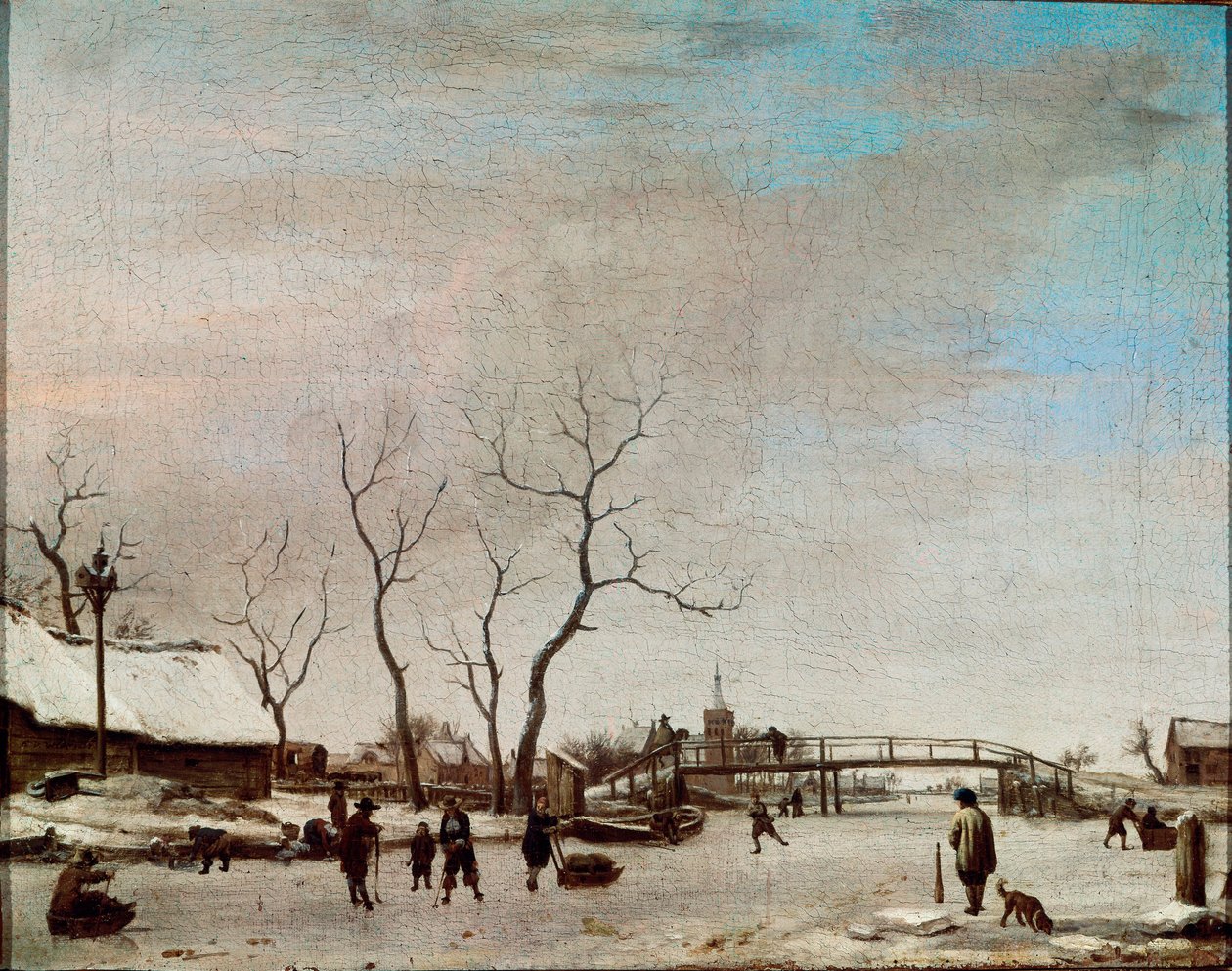 Riviere gelee com patinadores Pintura de Adriaen Van de Velde le jeune (1636-1672) 1668 Dim. 23x30 cm Paris, Musee du Louvre de Adriaen van de Velde