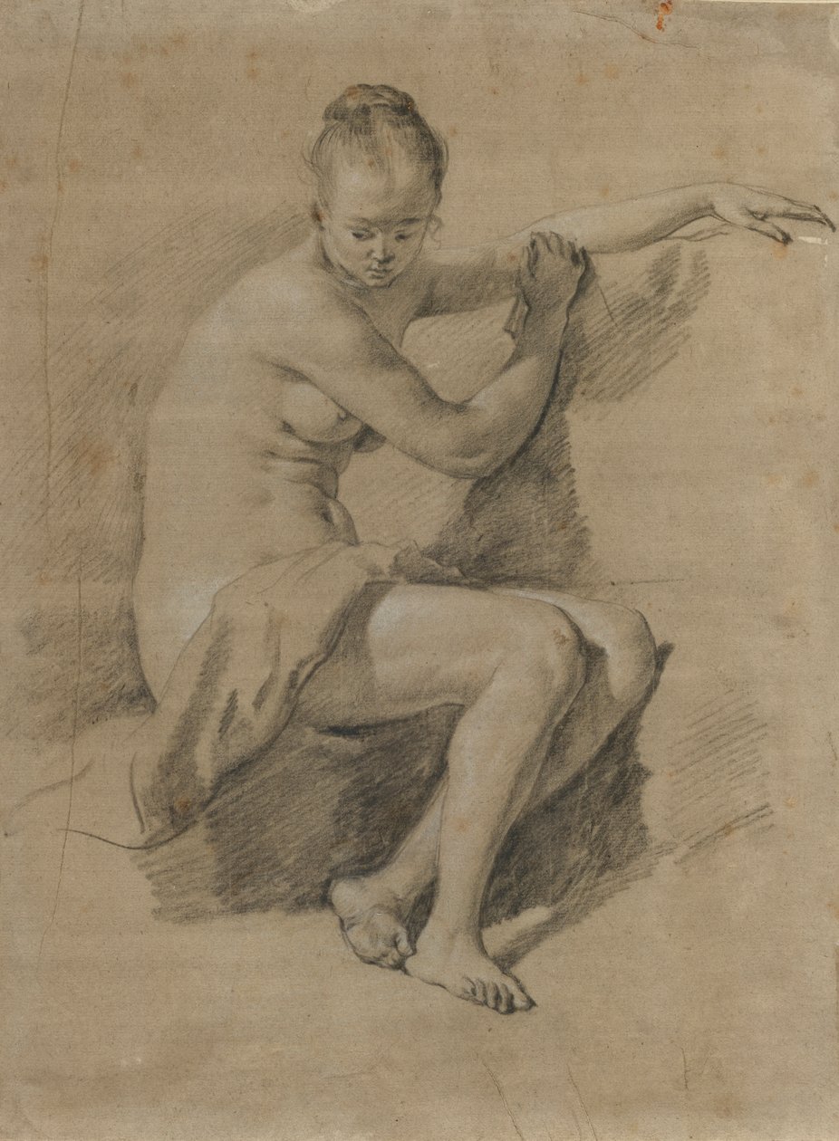 Nua fêmea sentada, c.1660-70 (desenho a giz preto e branco) de Adriaen van de Velde