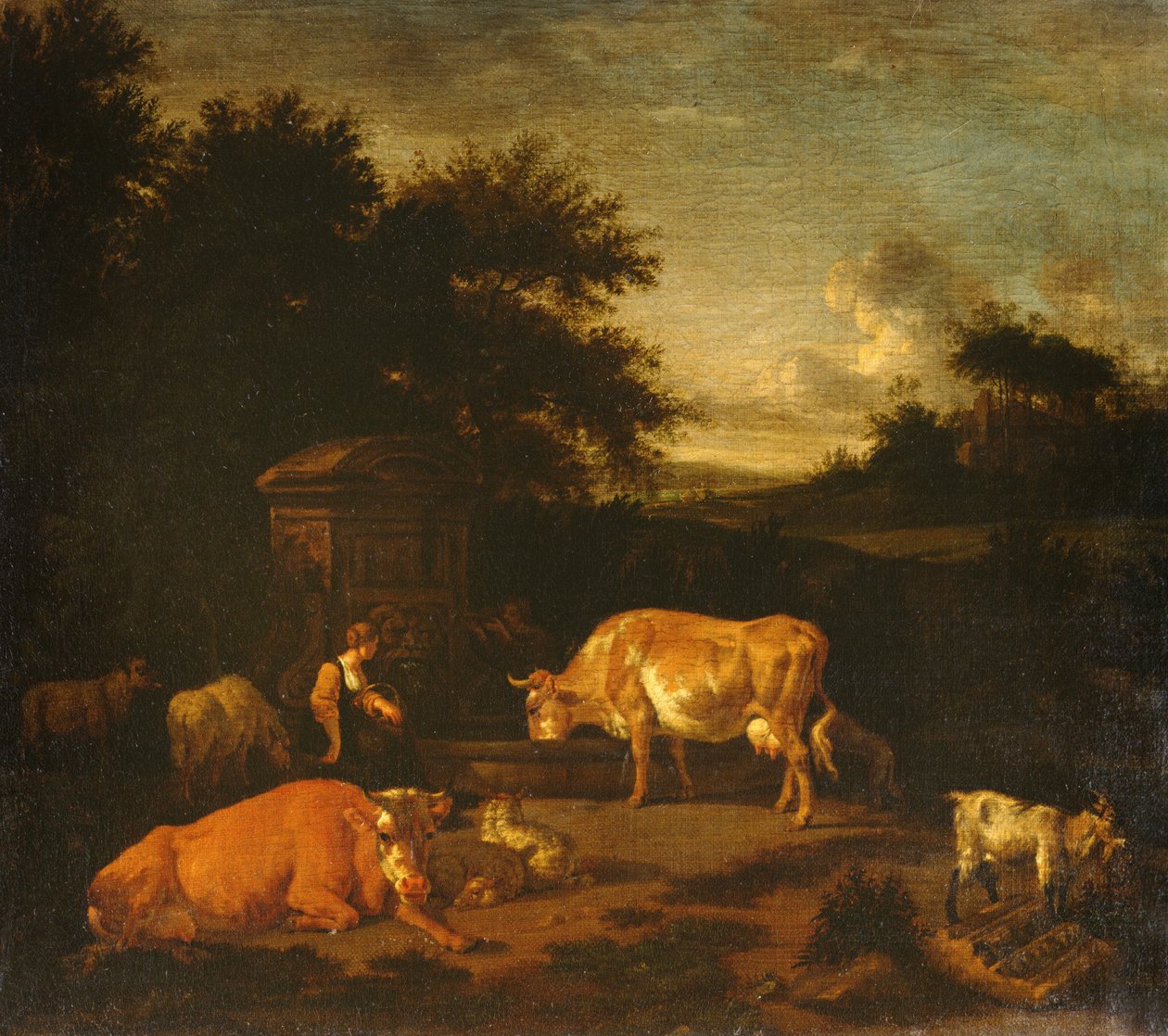 Pastora e um tropeiro com seus rebanhos por uma fonte clássica em uma paisagem arborizada de Adriaen van de Velde