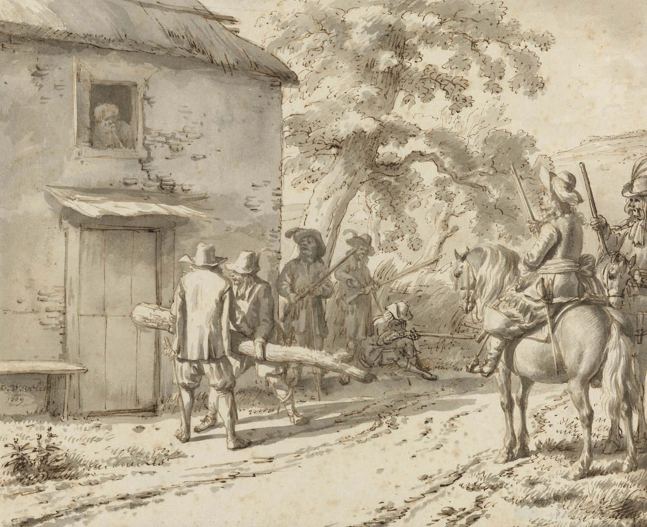 Soldados forçam uma porta, 1669 (desenho a caneta e tinta) de Adriaen van de Velde