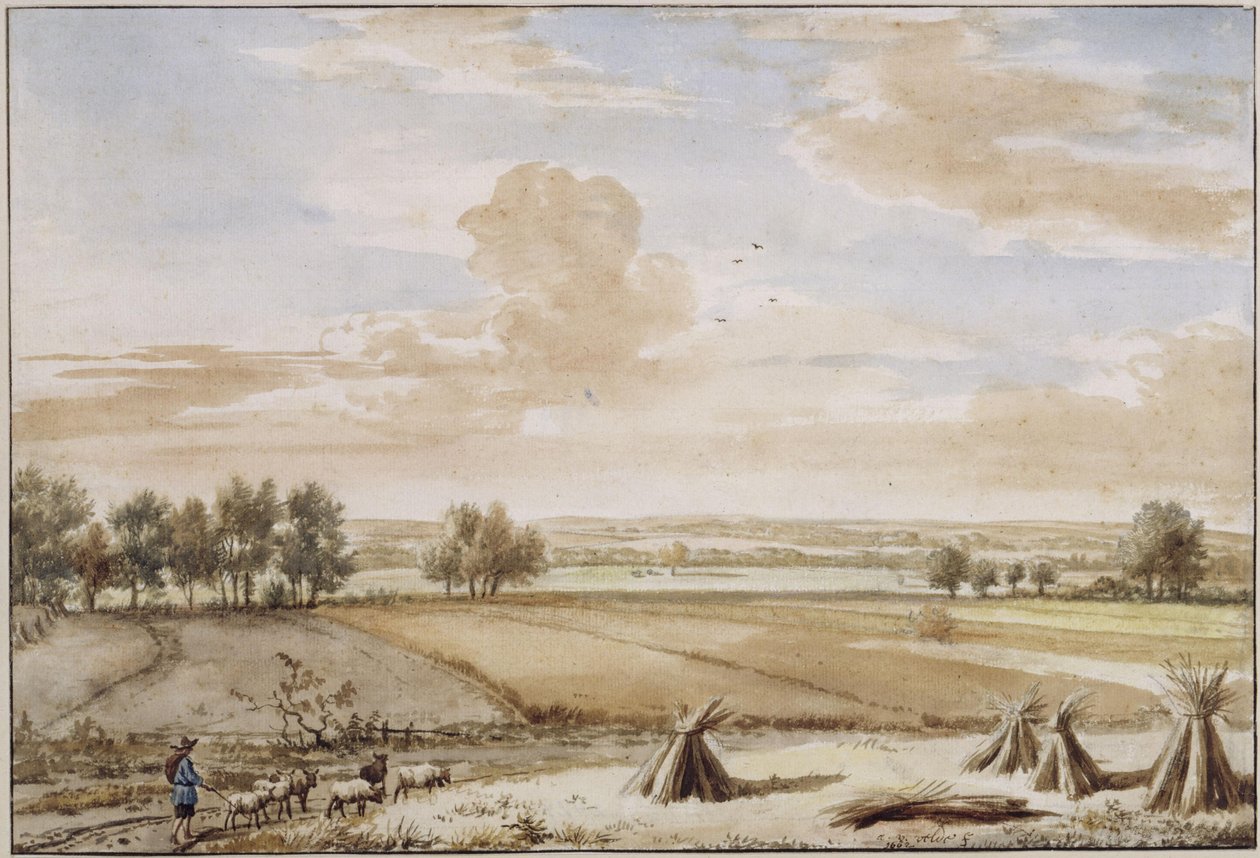 Paisagem plana de verão com campos de cereal maduro de Adriaen van de Velde