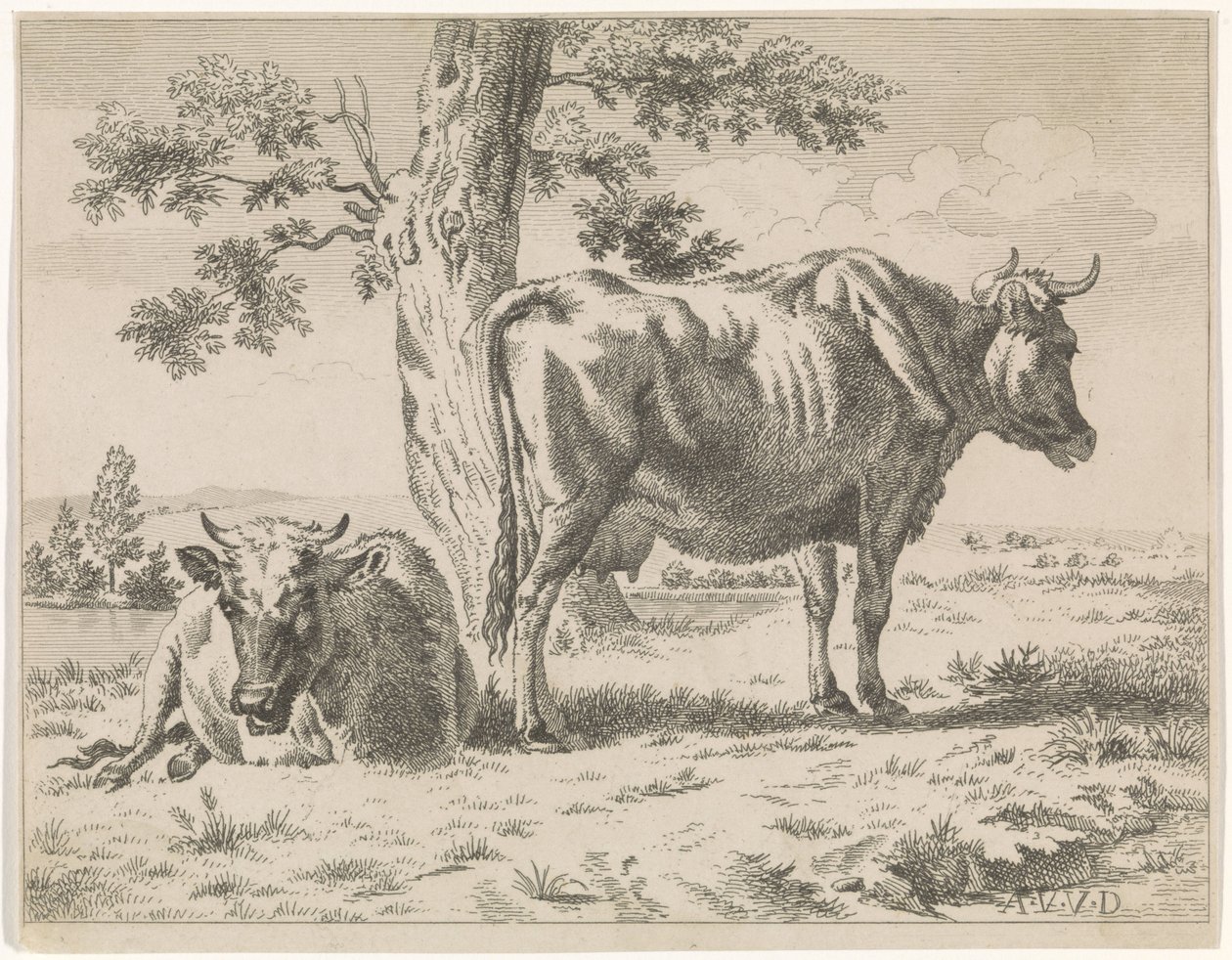 Duas vacas por uma árvore (título da série) Vaca pastando por uma árvore e duas ovelhas de Adriaen van de Velde