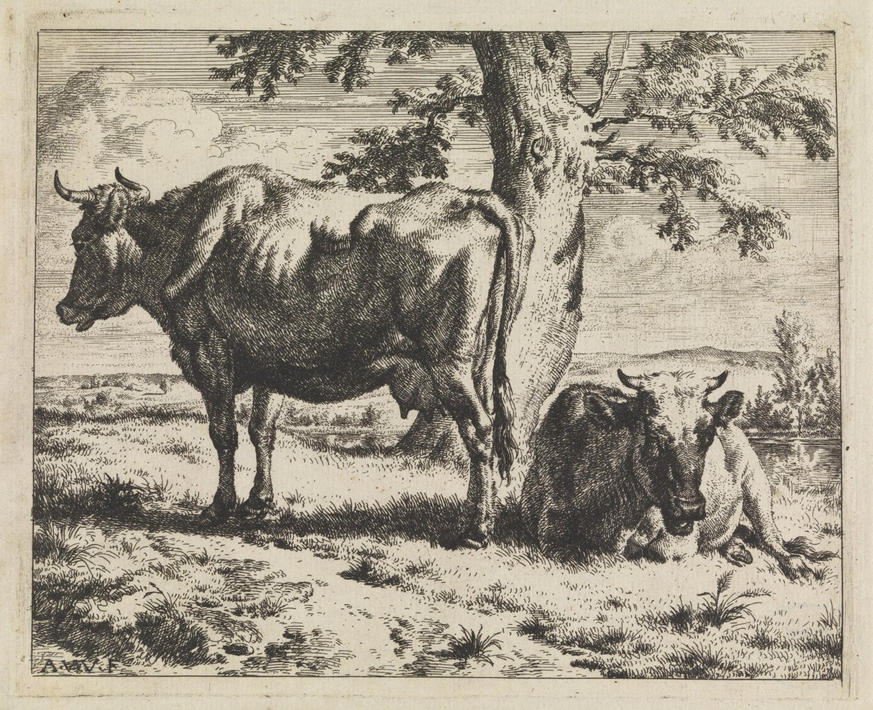 Duas vacas sob uma árvore de Adriaen van de Velde