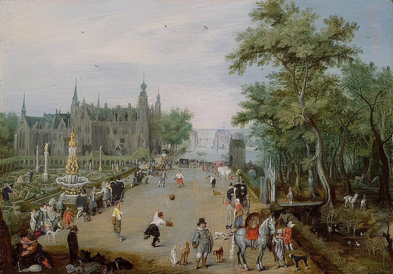 Jogo de Jeu de Paume na frente de um palácio. Por volta de 1614 de Adriaen van de Venne