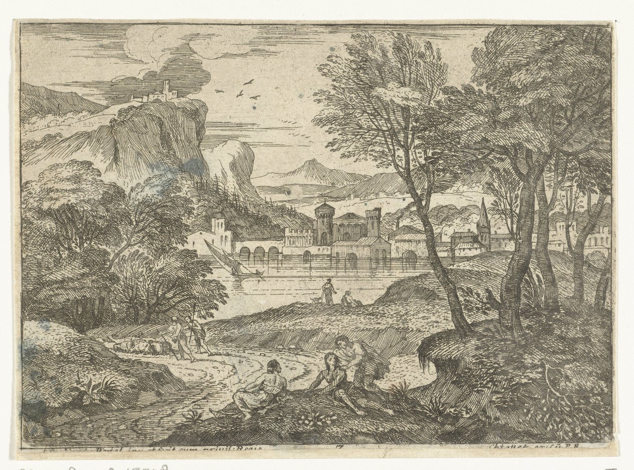 Paisagem com três pessoas ao longo do caminho O homem e as duas mulheres sob a sombra das árvores Paisagens, série oito (título da série) de Adriaen van der Kabel