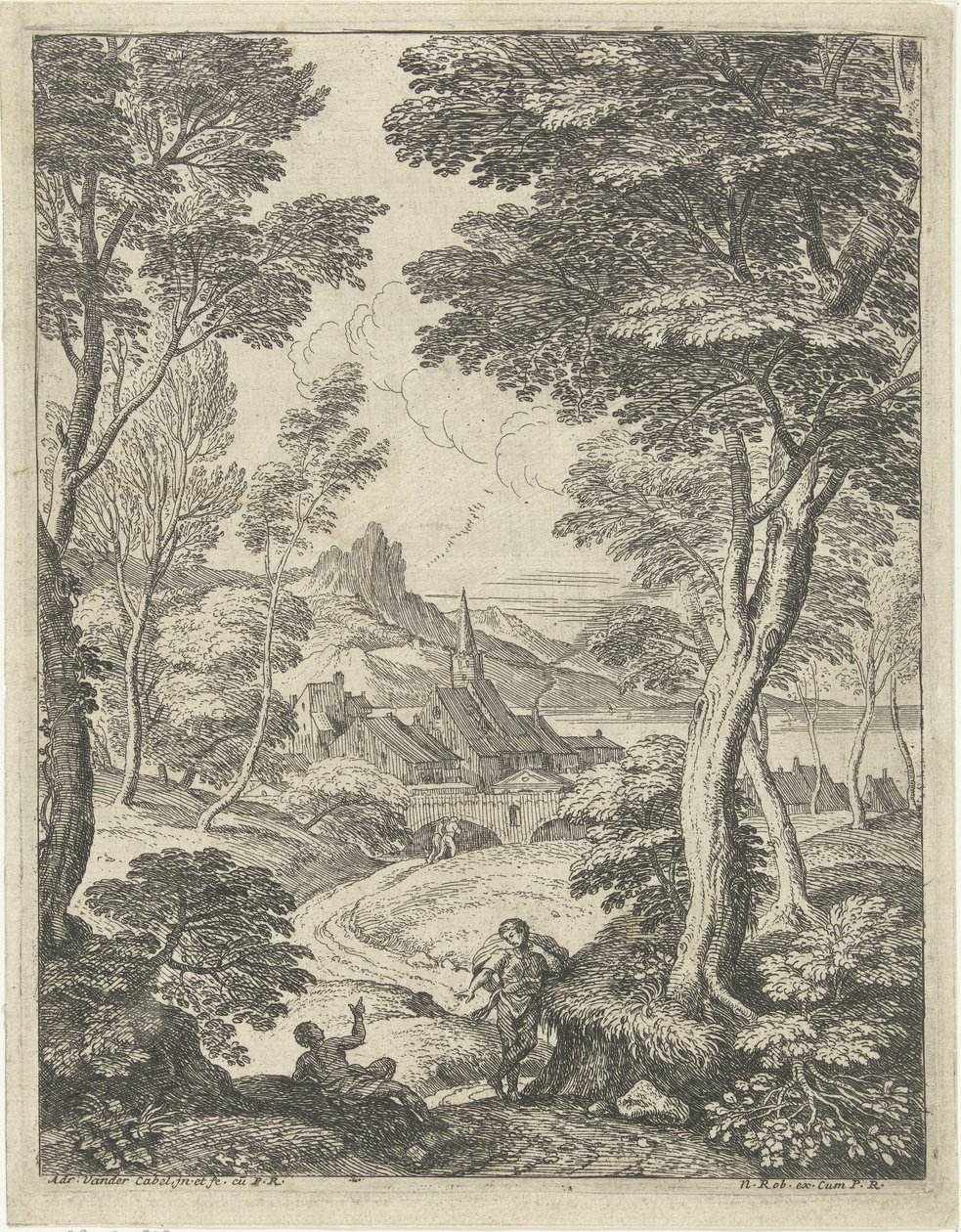 Paisagem com uma torre pontiaguda Paisagens com pastores (título da série) de Adriaen van der Kabel