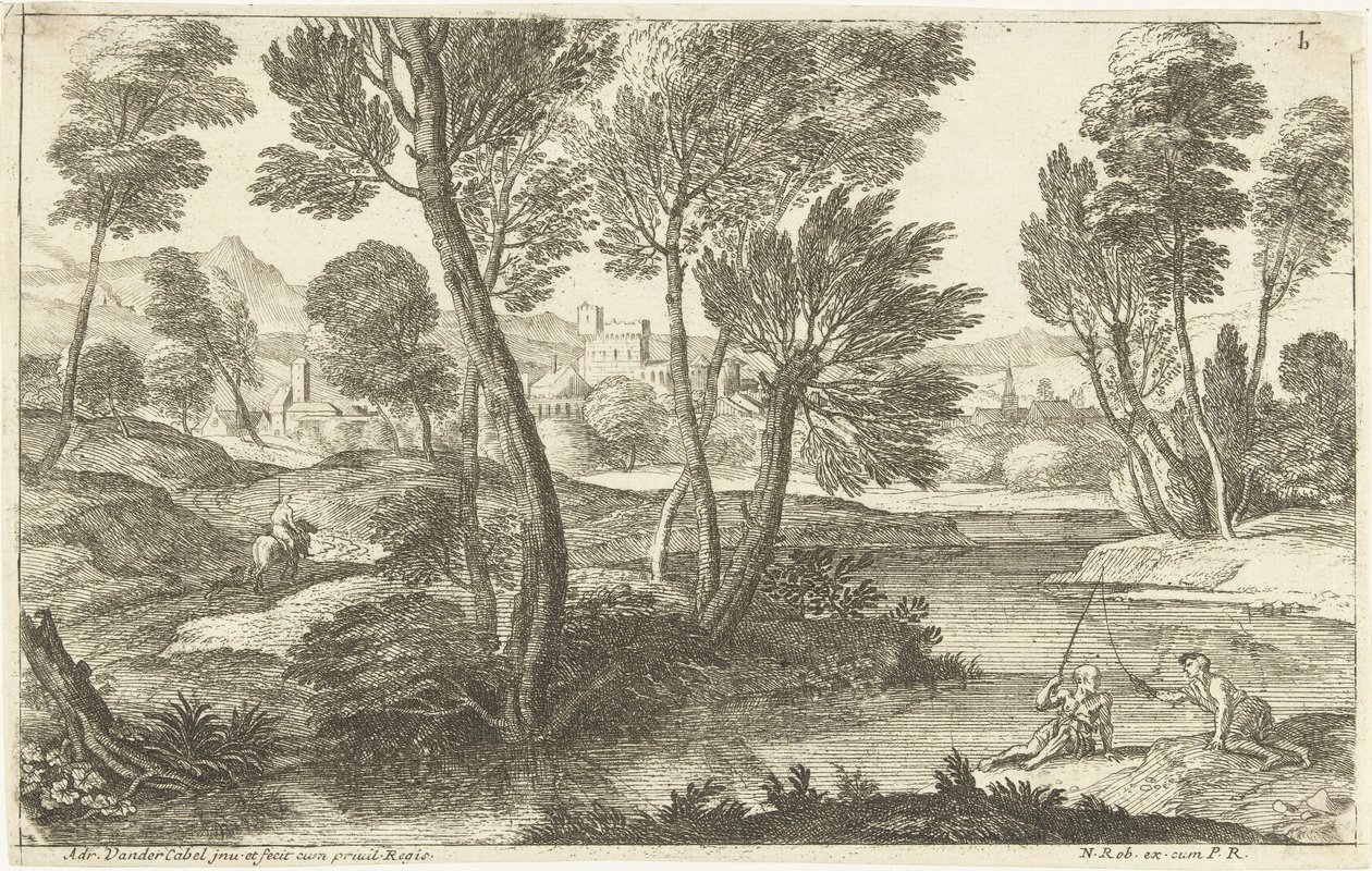 Paisagem com dois pescadores Os dois pescadores Paisagens, terceira série (título da série) de Adriaen van der Kabel