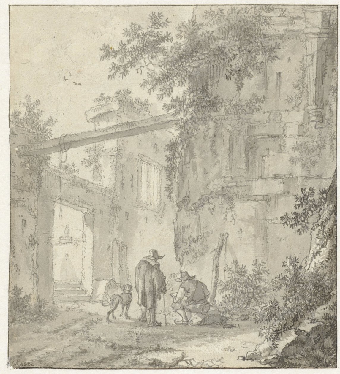 Vista de ruínas antigas com um desenhista, seu companheiro e um cachorro de Adriaen van der Kabel