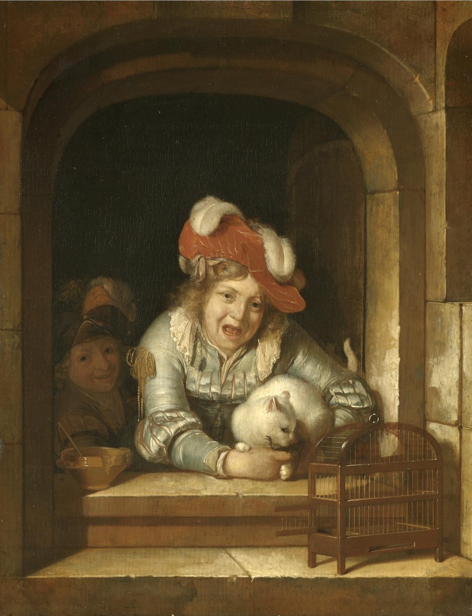 Duas crianças a brincar com um gato que tem um pássaro nas suas mandíbulas de Adriaen van der Werff