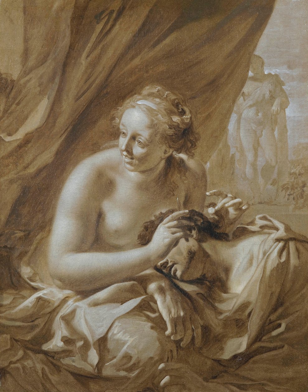 Enquanto Sansão dorme ao colo de Dalila, esta chama os seus inimigos para que se aproximem e lhe cortem o cabelo (Juízes 16,19) de Adriaen van der Werff