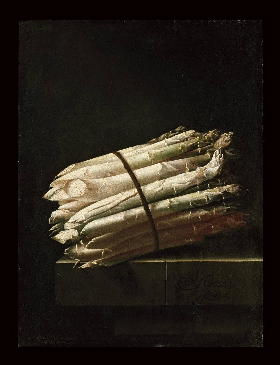 Ainda vida de espargos, 1699 (óleo sobre papel colocado no painel) de Adrian Coorte